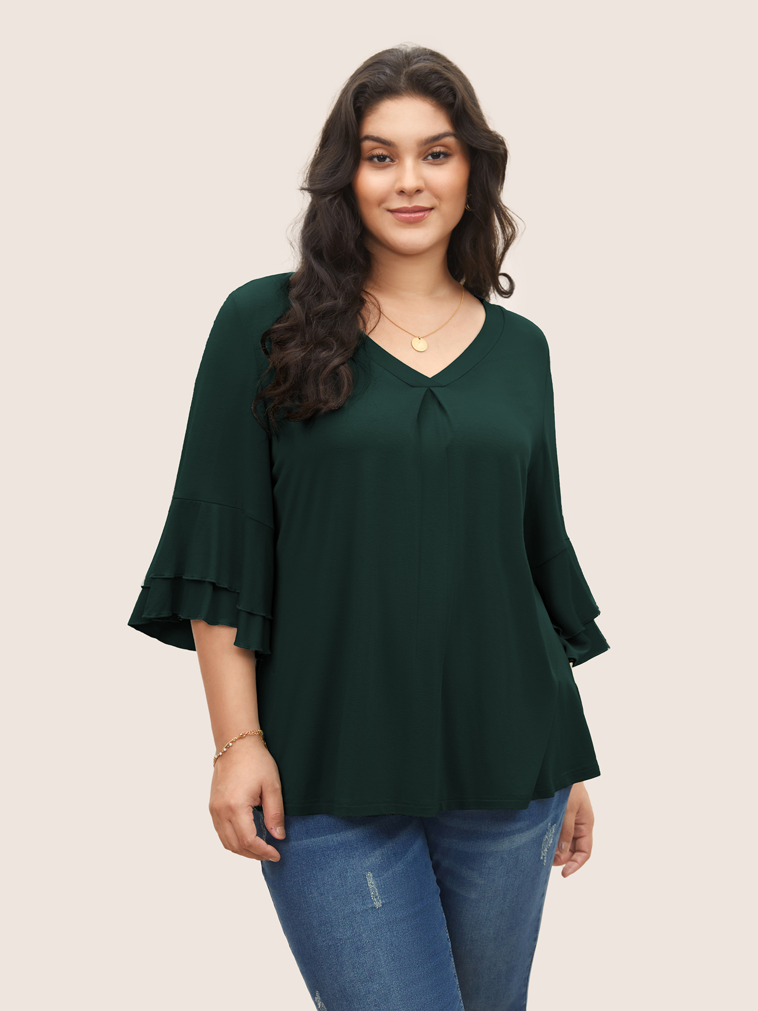 

Plus Size Supersoft Essentials Ruffle Layered Sleeve Pleated T-shirt DarkGreen Non Short sleeve Elegant Jersey Tops