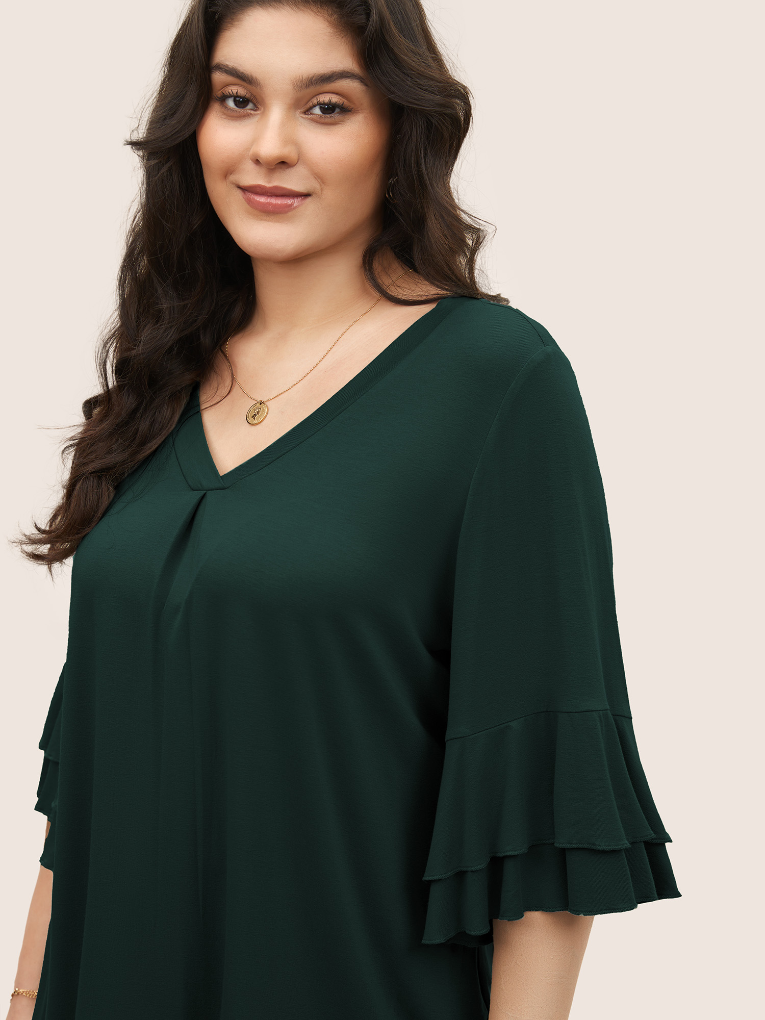 

Plus Size Supersoft Essentials Ruffle Layered Sleeve Pleated T-shirt DarkGreen Non Short sleeve Elegant Jersey Tops