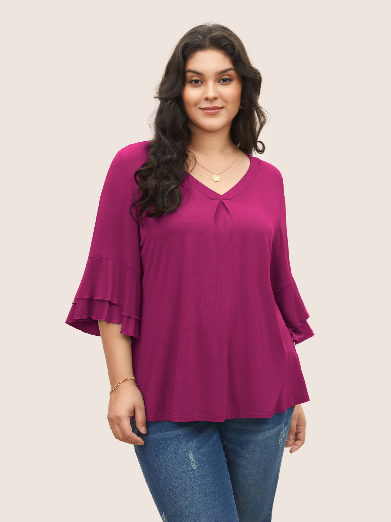 

Plus Size Supersoft Essentials Ruffle Layered Sleeve Pleated T-shirt RedViolet Non Short sleeve Elegant Jersey Tops