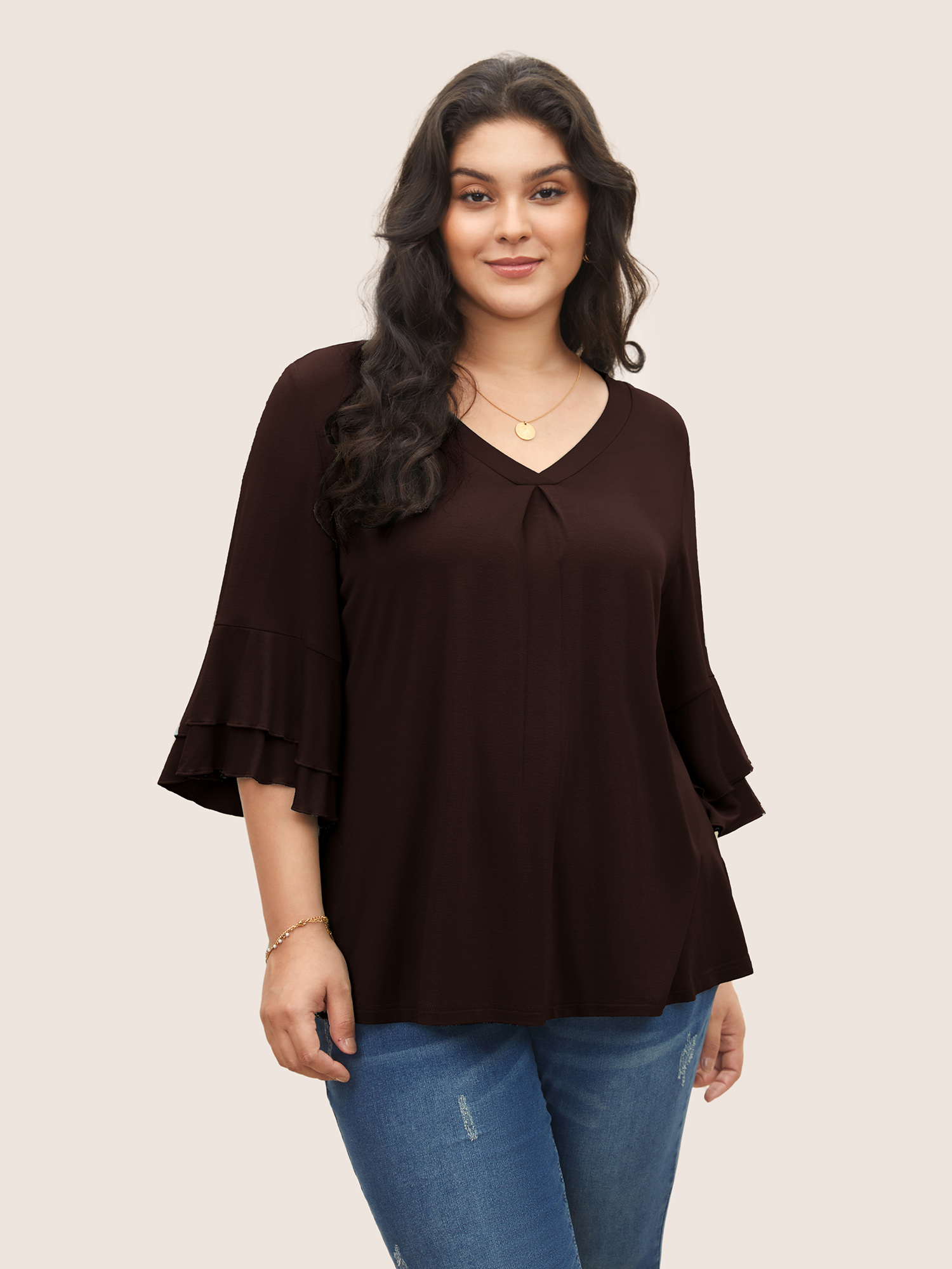 

Plus Size Supersoft Essentials Ruffle Layered Sleeve Pleated T-shirt DarkBrown Non Short sleeve Elegant Jersey Tops