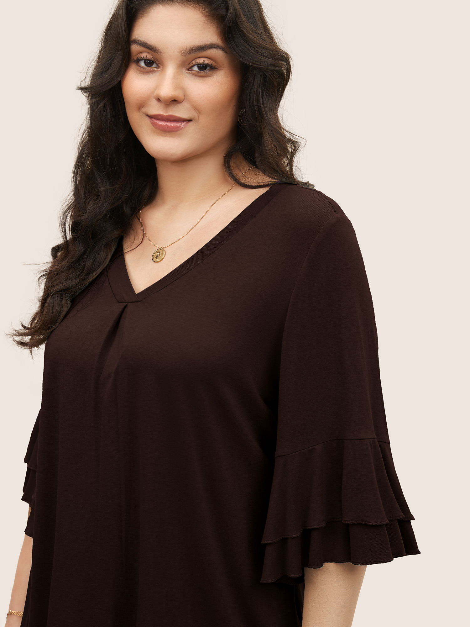 

Plus Size Supersoft Essentials Ruffle Layered Sleeve Pleated T-shirt DarkBrown Non Short sleeve Elegant Jersey Tops