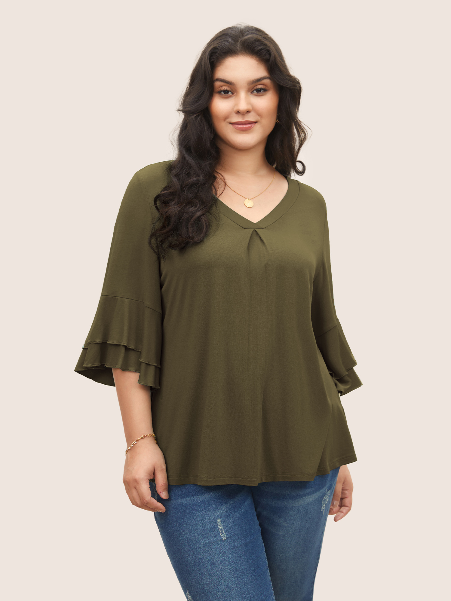 

Plus Size Supersoft Essentials Ruffle Layered Sleeve Pleated T-shirt ArmyGreen Non Short sleeve Elegant Jersey Tops