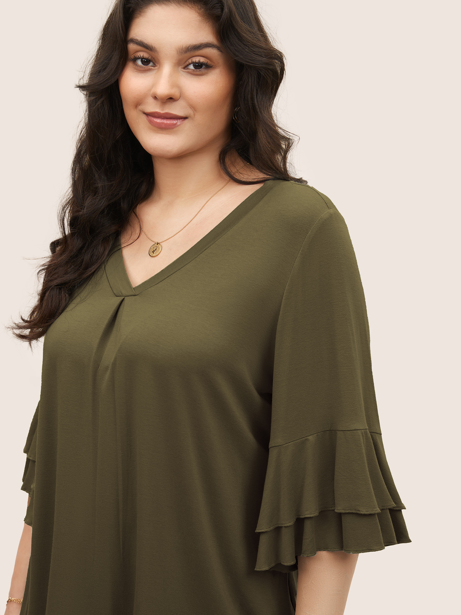 

Plus Size Supersoft Essentials Ruffle Layered Sleeve Pleated T-shirt ArmyGreen Non Short sleeve Elegant Jersey Tops