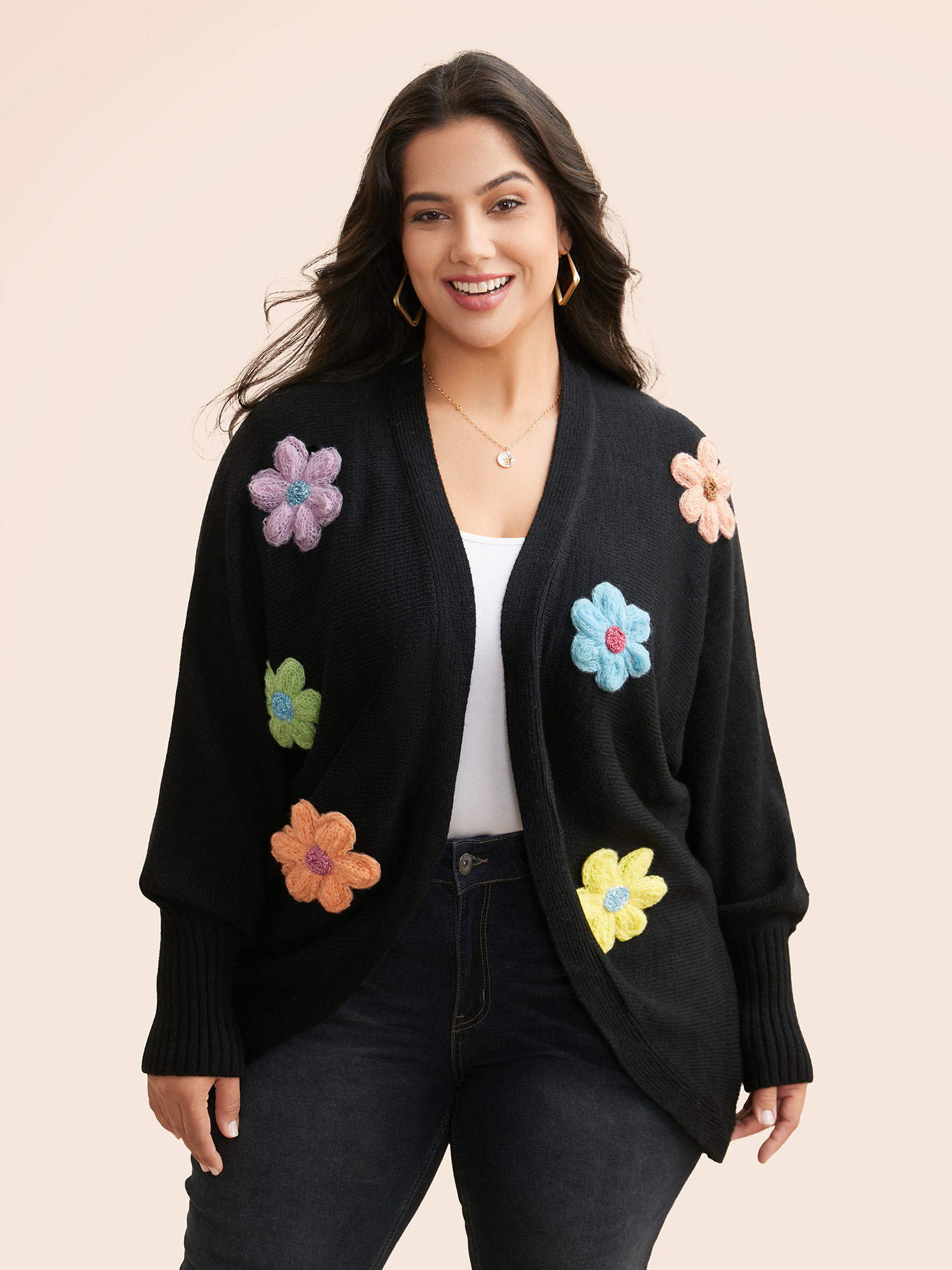 

Plus Size Stereo Flower Design Drop Shoulder Cardigan Black Women Casual Loose Long Sleeve Everyday Cardigans BloomChic