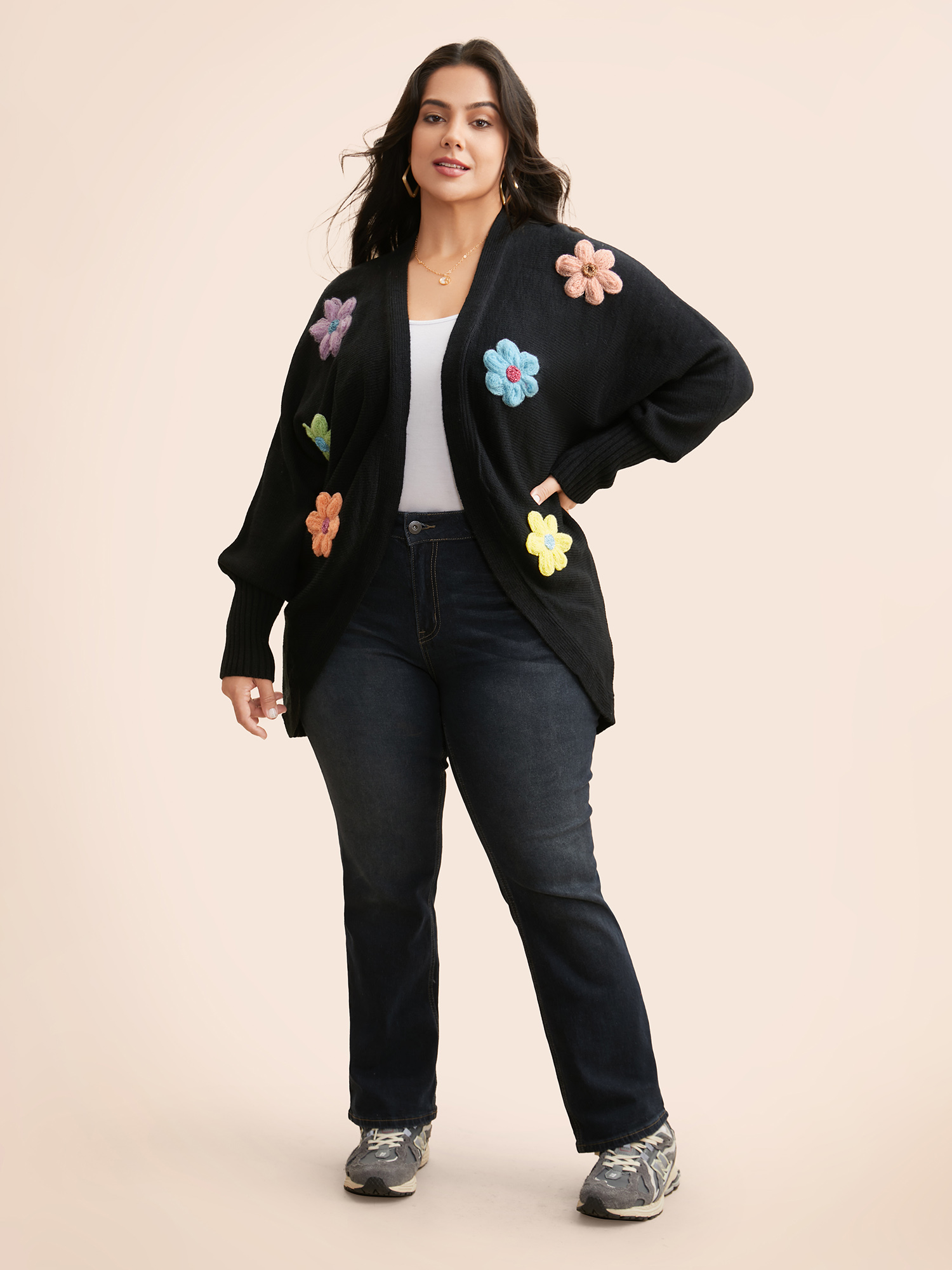 Plus Size Stereo Flower Design Drop Shoulder Cardigan Black Women Casual Loose Long Sleeve Everyday Cardigans BloomChic 10/M 