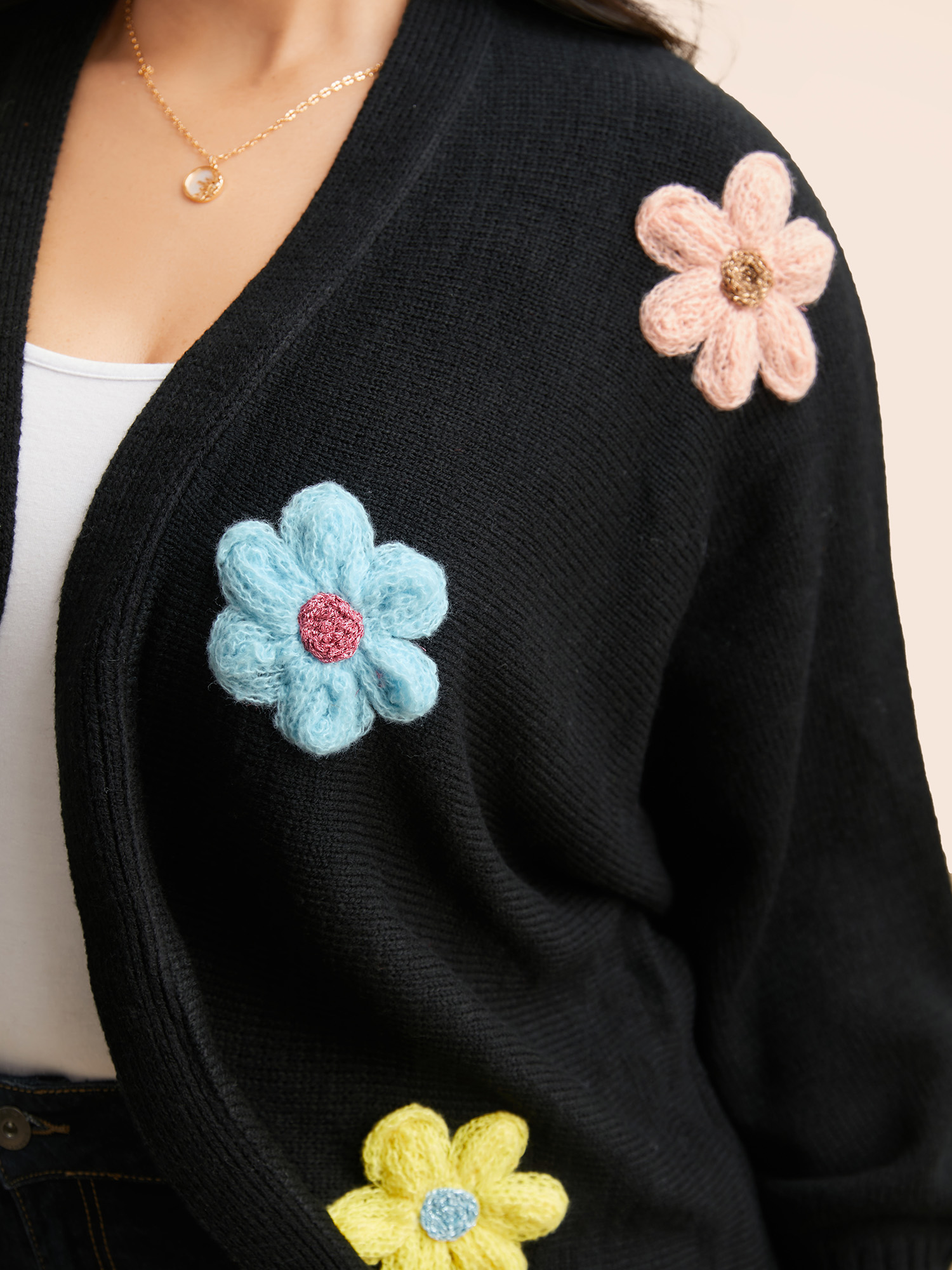 Plus Size Stereo Flower Design Drop Shoulder Cardigan Black Women Casual Loose Long Sleeve Everyday Cardigans BloomChic 10/M 