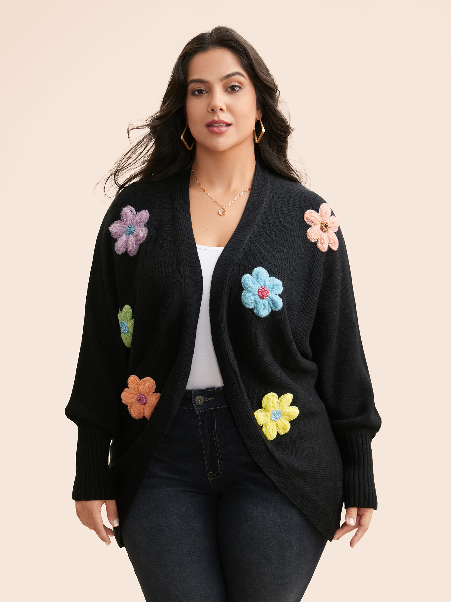 Plus Size Stereo Flower Design Drop Shoulder Cardigan Black Women Casual Loose Long Sleeve Everyday Cardigans BloomChic 10/M 