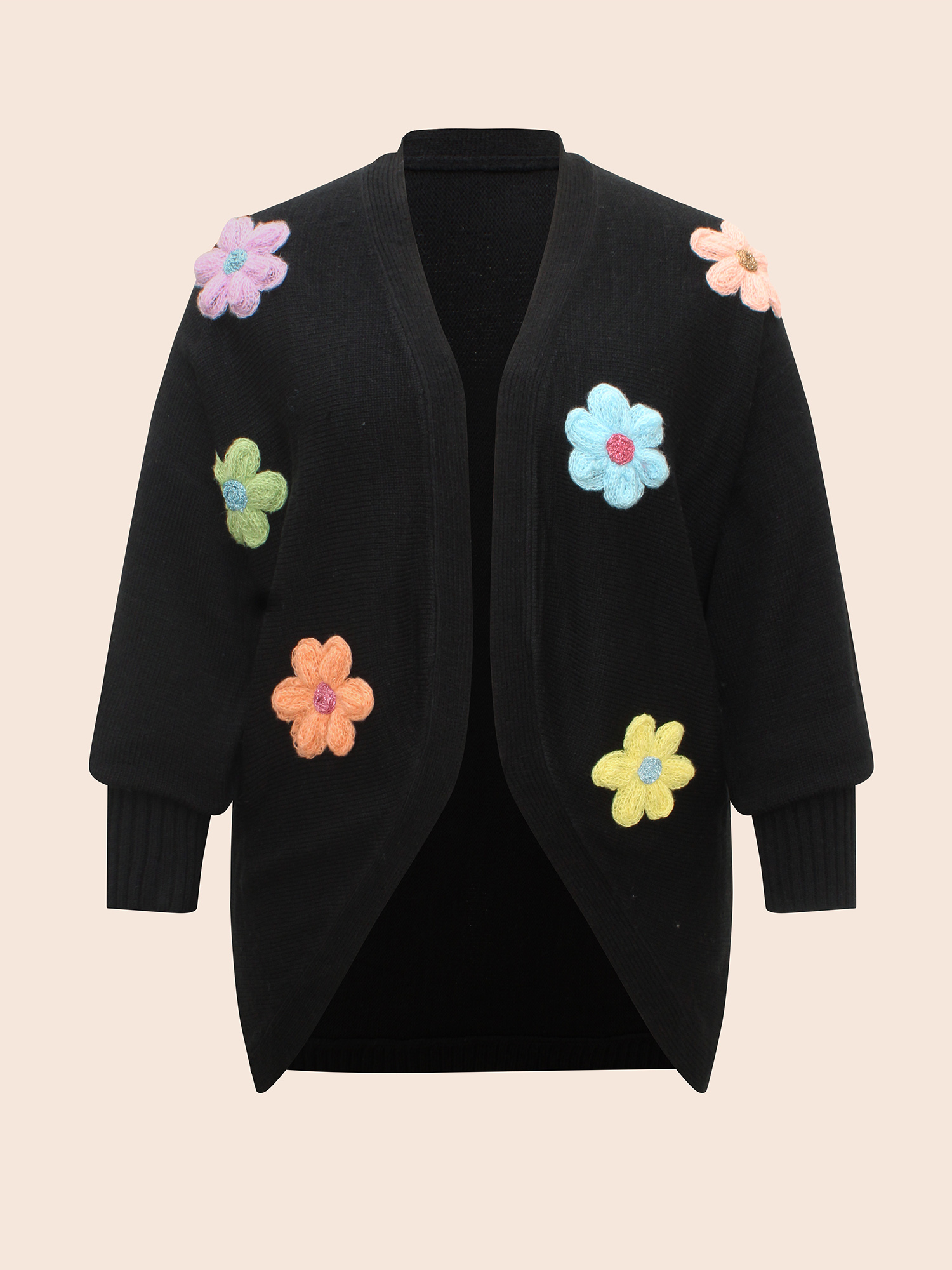 Plus Size Stereo Flower Design Drop Shoulder Cardigan Black Women Casual Loose Long Sleeve Everyday Cardigans BloomChic 10/M 