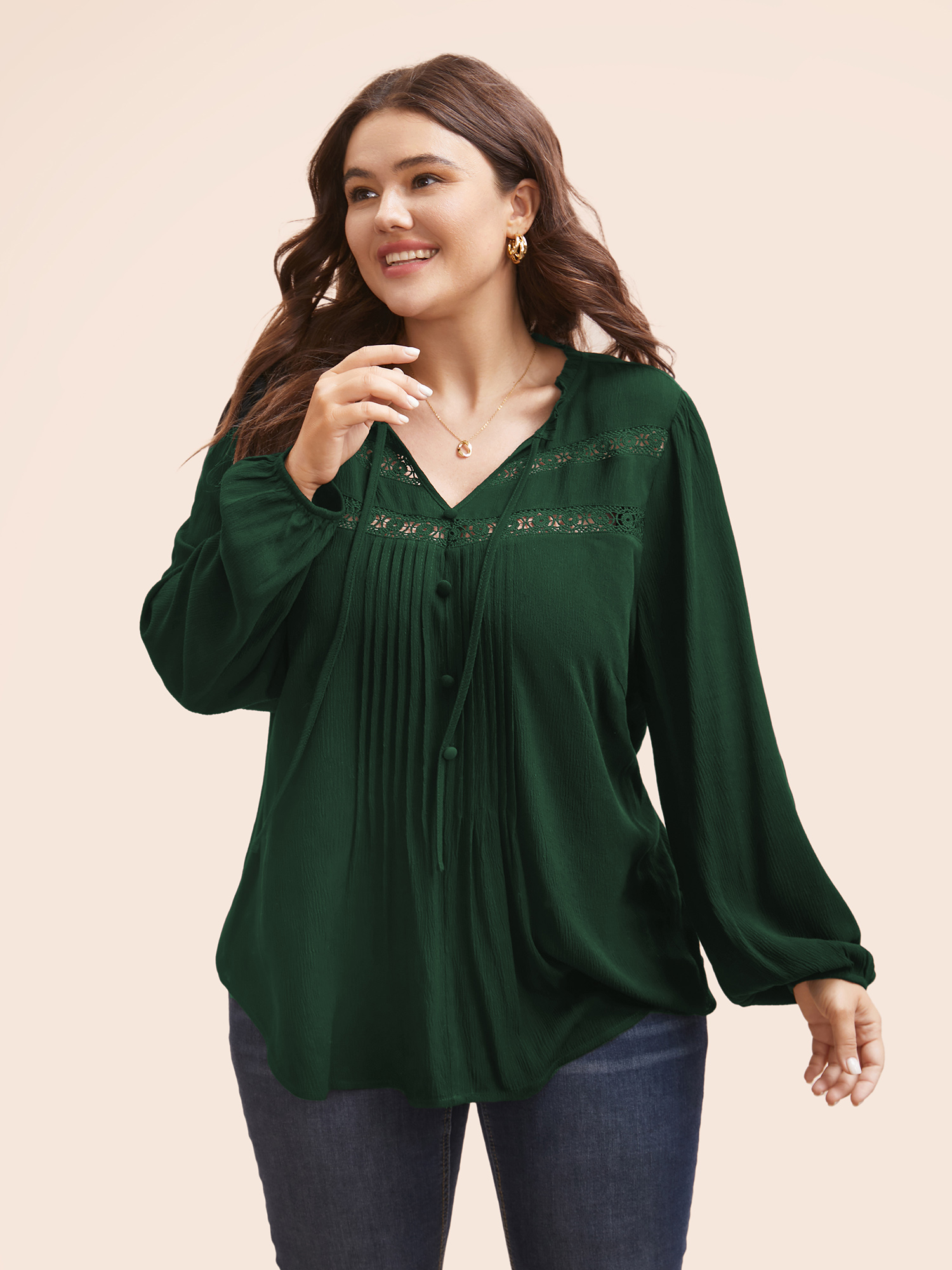 

Plus Size DarkGreen Lace Patchwork Pleated Ruffles Blouse Women Elegant Long Sleeve V-neck Everyday Blouses BloomChic