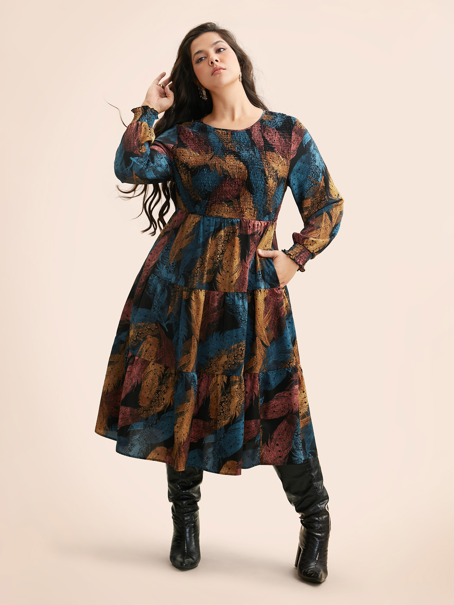 

Plus Size Feather Print Shirred Lantern Sleeve Dress Black Women Resort Shirred Round Neck Long Sleeve Curvy BloomChic