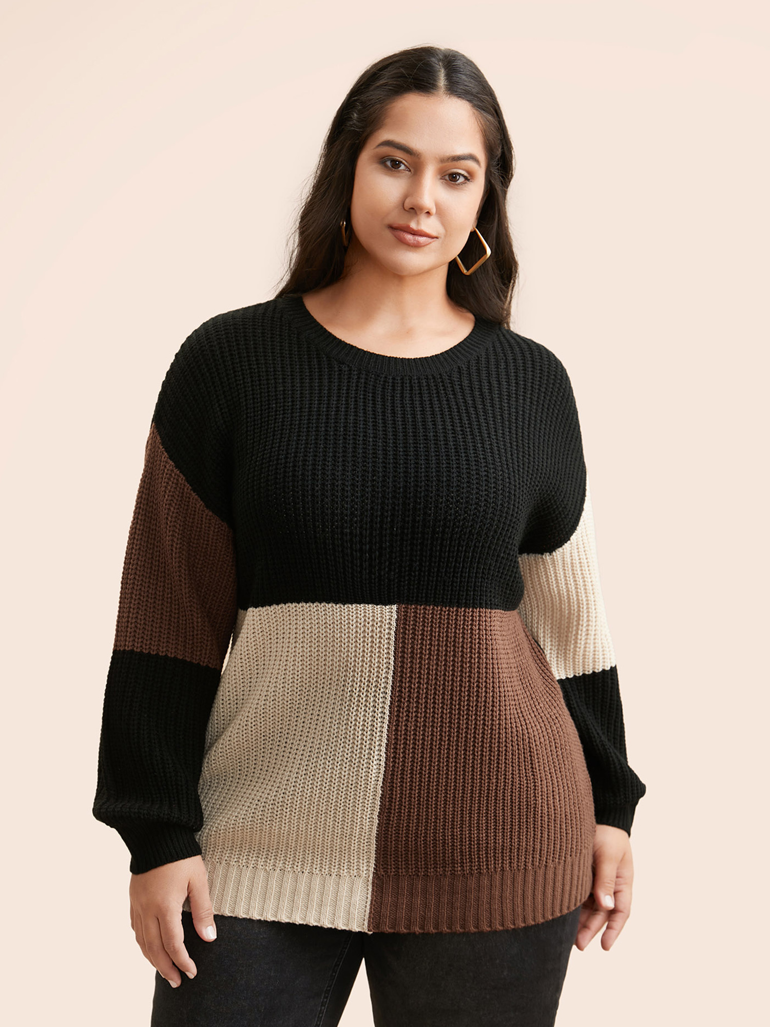 

Plus Size Colorblock Contrast Drop Shoulder Pullover Black Women Casual Loose Long Sleeve Round Neck Everyday Pullovers BloomChic