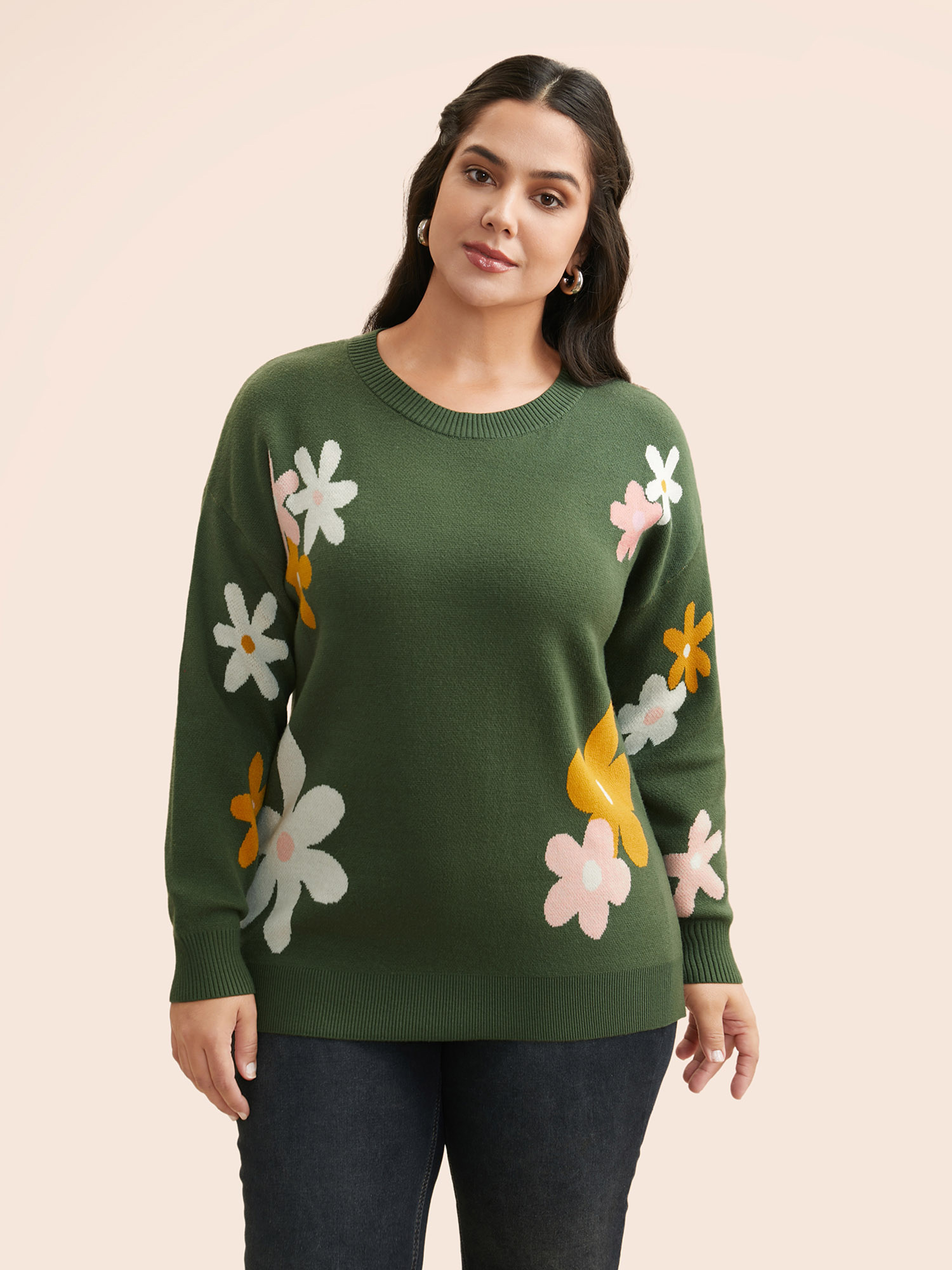 

Plus Size Supersoft Essentials Floral Crew Neck Pullover Greenbean Women Casual Long Sleeve Round Neck Everyday Pullovers BloomChic