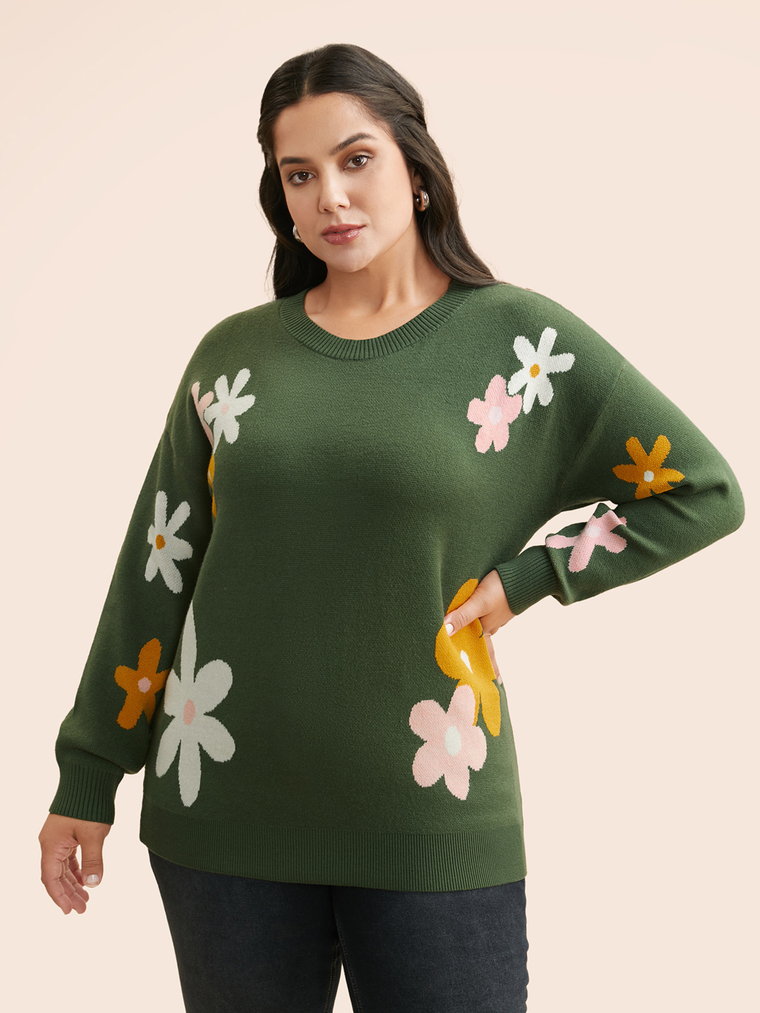 

Plus Size Supersoft Essentials Floral Crew Neck Pullover Greenbean Women Casual Long Sleeve Round Neck Everyday Pullovers BloomChic