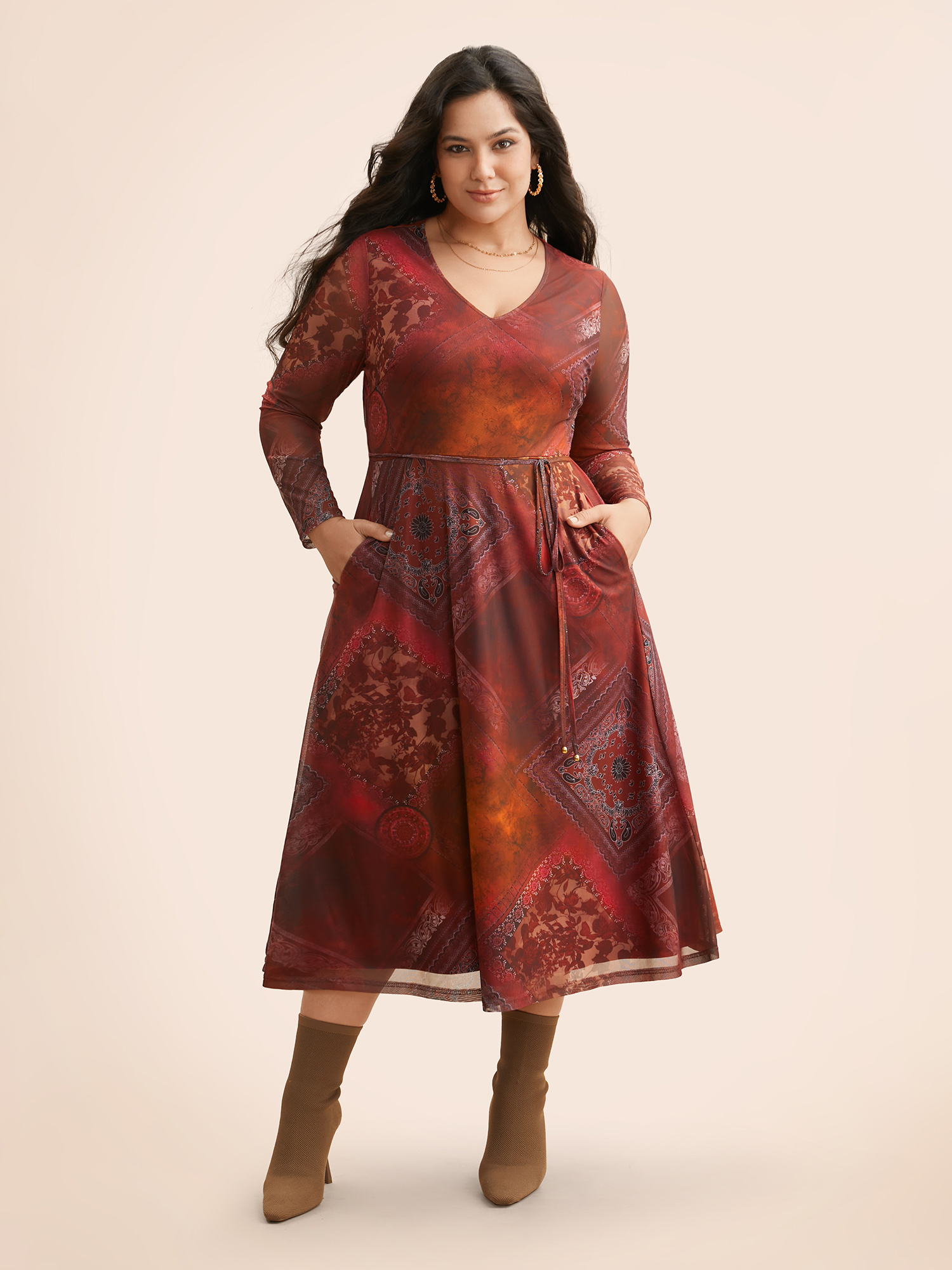 

Plus Size Boho Print Belted Mesh Midi Dress Russet Women Elegant See through V-neck Long Sleeve Curvy BloomChic