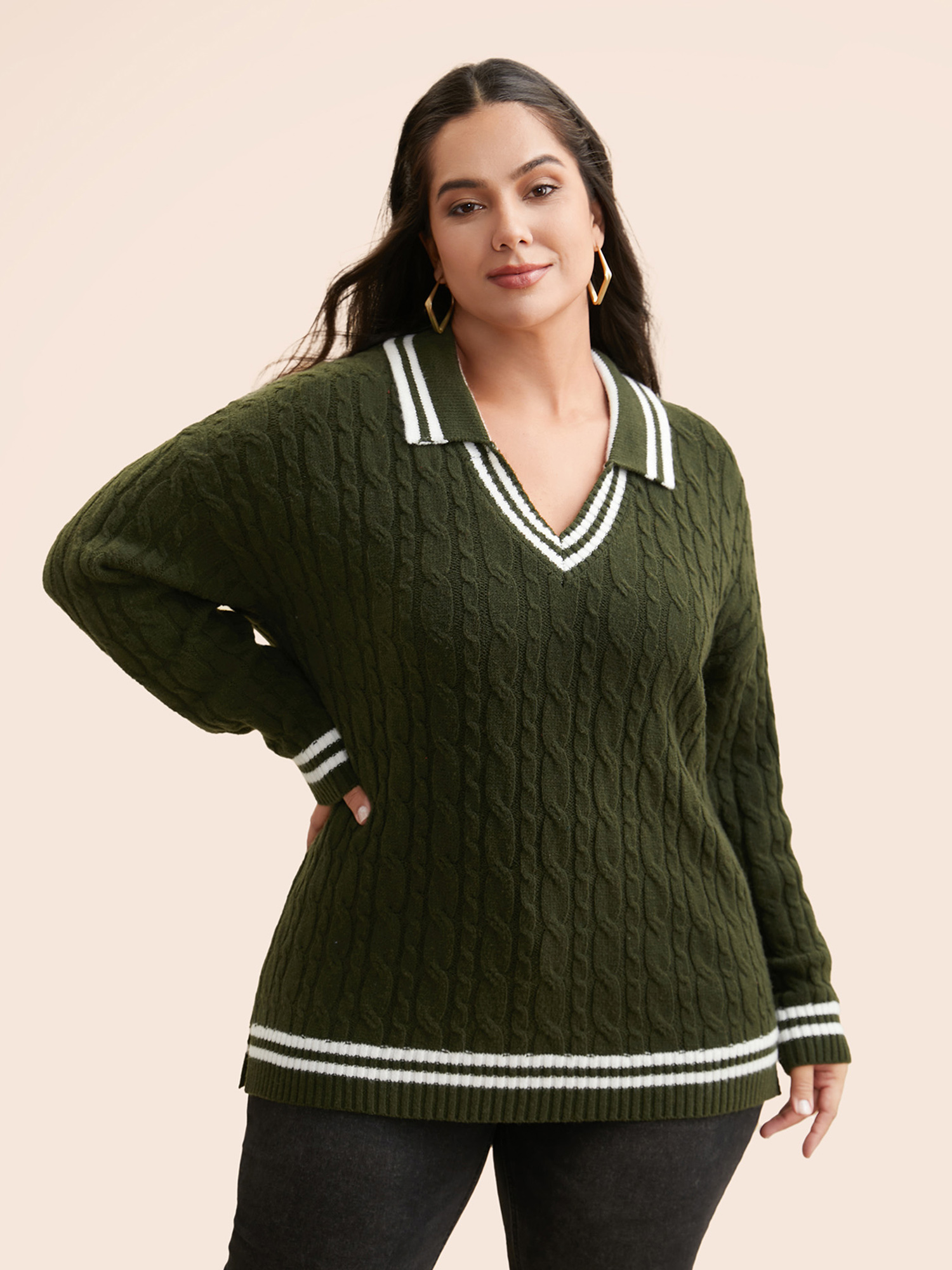 

Plus Size Contrast Trim Split Hem Pullover ArmyGreen Women Casual Long Sleeve Lapel Collar Everyday Pullovers BloomChic