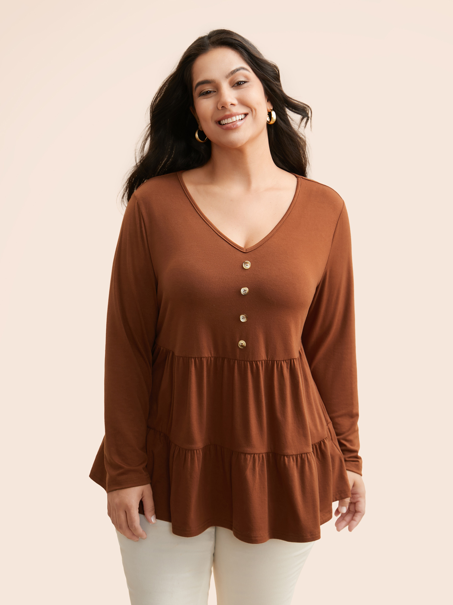 

Plus Size Supersoft Essentials A-Line Tiered Top Browncoffeecolor V-neck Long Sleeve Elegant Jersey Tops