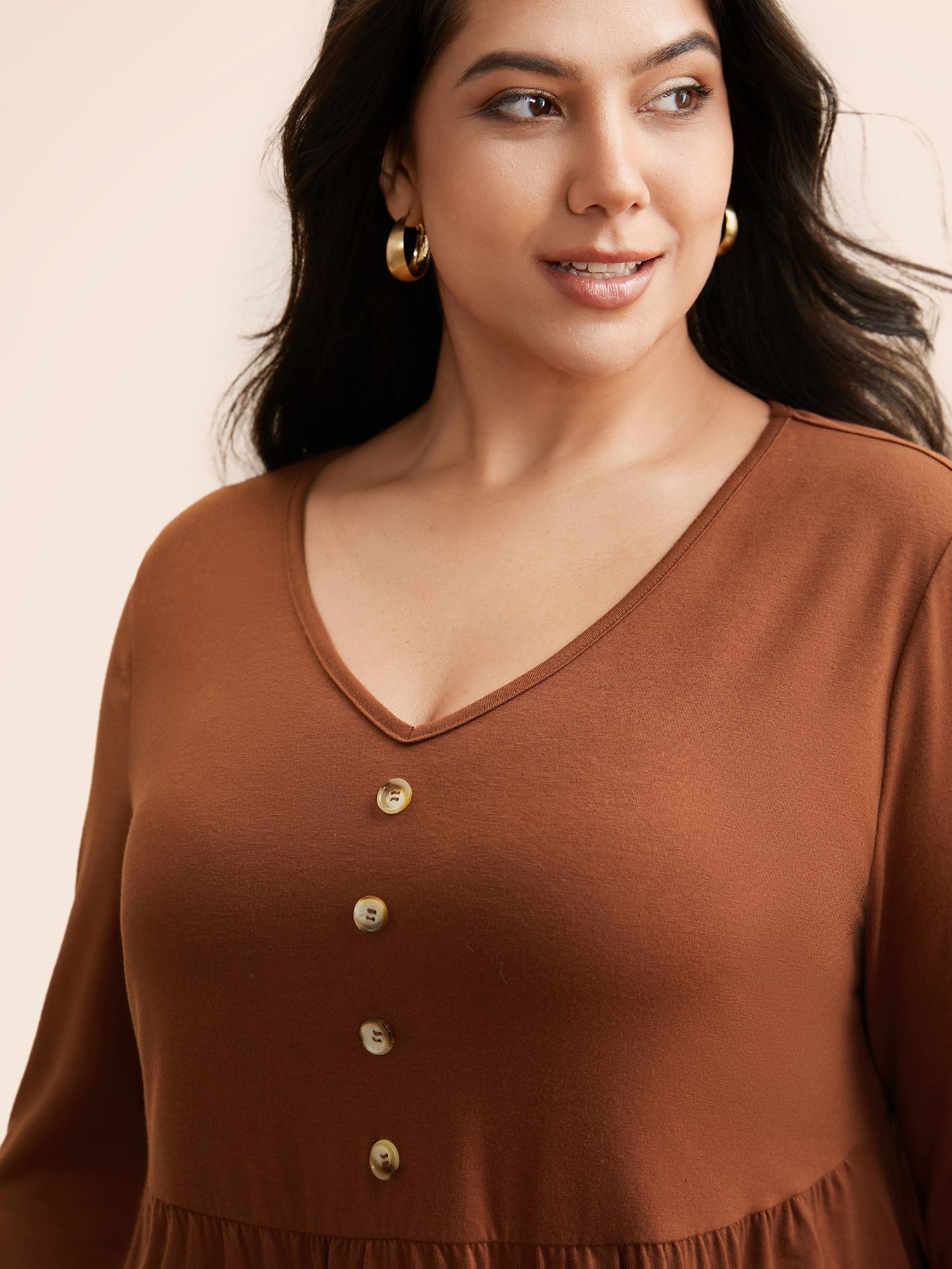 

Plus Size Supersoft Essentials A-Line Tiered Top Browncoffeecolor V-neck Long Sleeve Elegant Jersey Tops