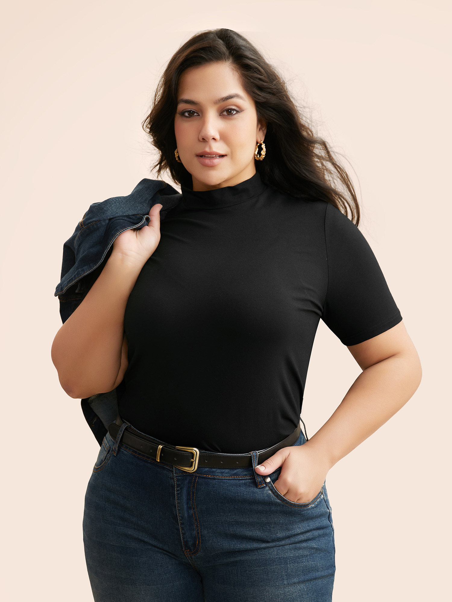 

Plus Size Supersoft Essentials Solid Mock Neck T-shirt Black Women Casual Non Non Skinny Everyday T-shirts BloomChic