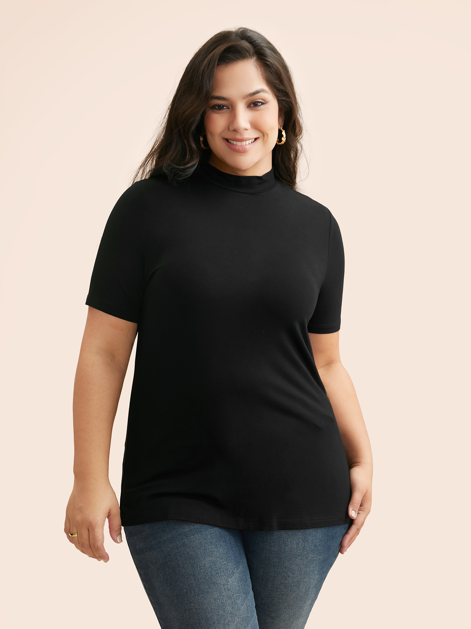 Plus Size Supersoft Essentials Solid Mock Neck T-shirt Black Women Casual Non Mock Neck Skinny Everyday T-shirts BloomChic 10/M 