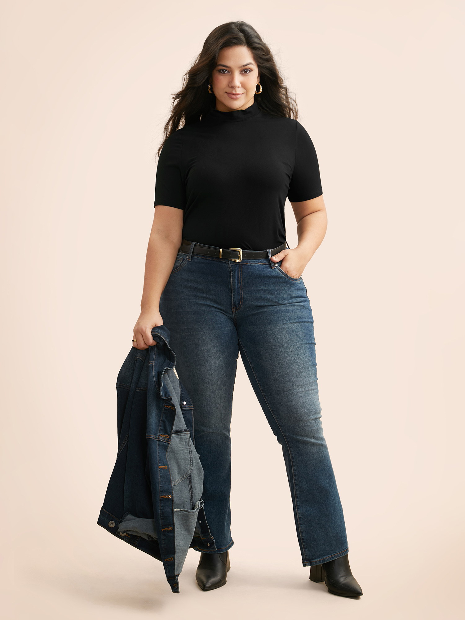 Plus Size Supersoft Essentials Solid Mock Neck T-shirt Black Women Casual Non Mock Neck Skinny Everyday T-shirts BloomChic 10/M 
