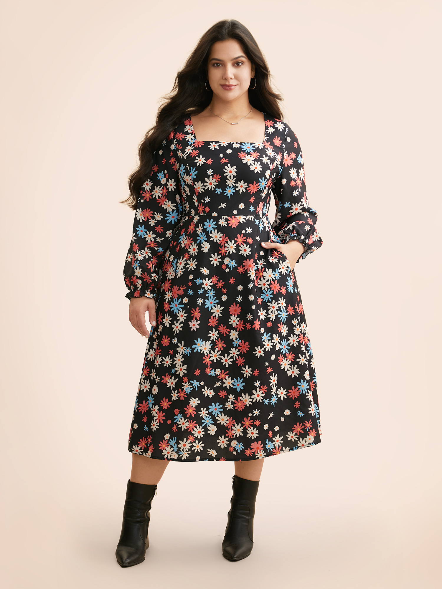 

Plus Size Floral Square Neck Lantern Sleeve Dress BlackFlower Women Elegant Ruffles Square Neck Long Sleeve Curvy BloomChic