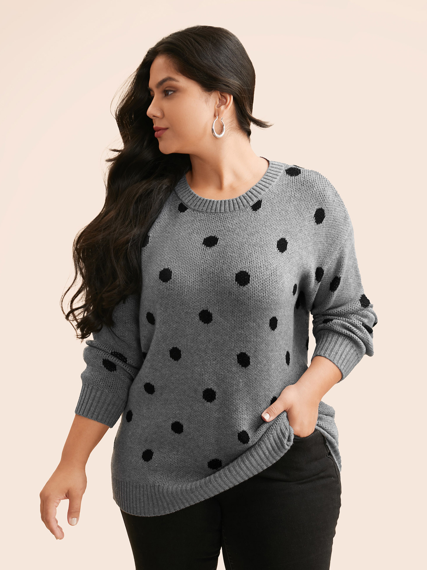 

Plus Size Polka Dot Drop Shoulder Sleeve Pullover Mediumgray Women Casual Loose Long Sleeve Round Neck Everyday Pullovers BloomChic