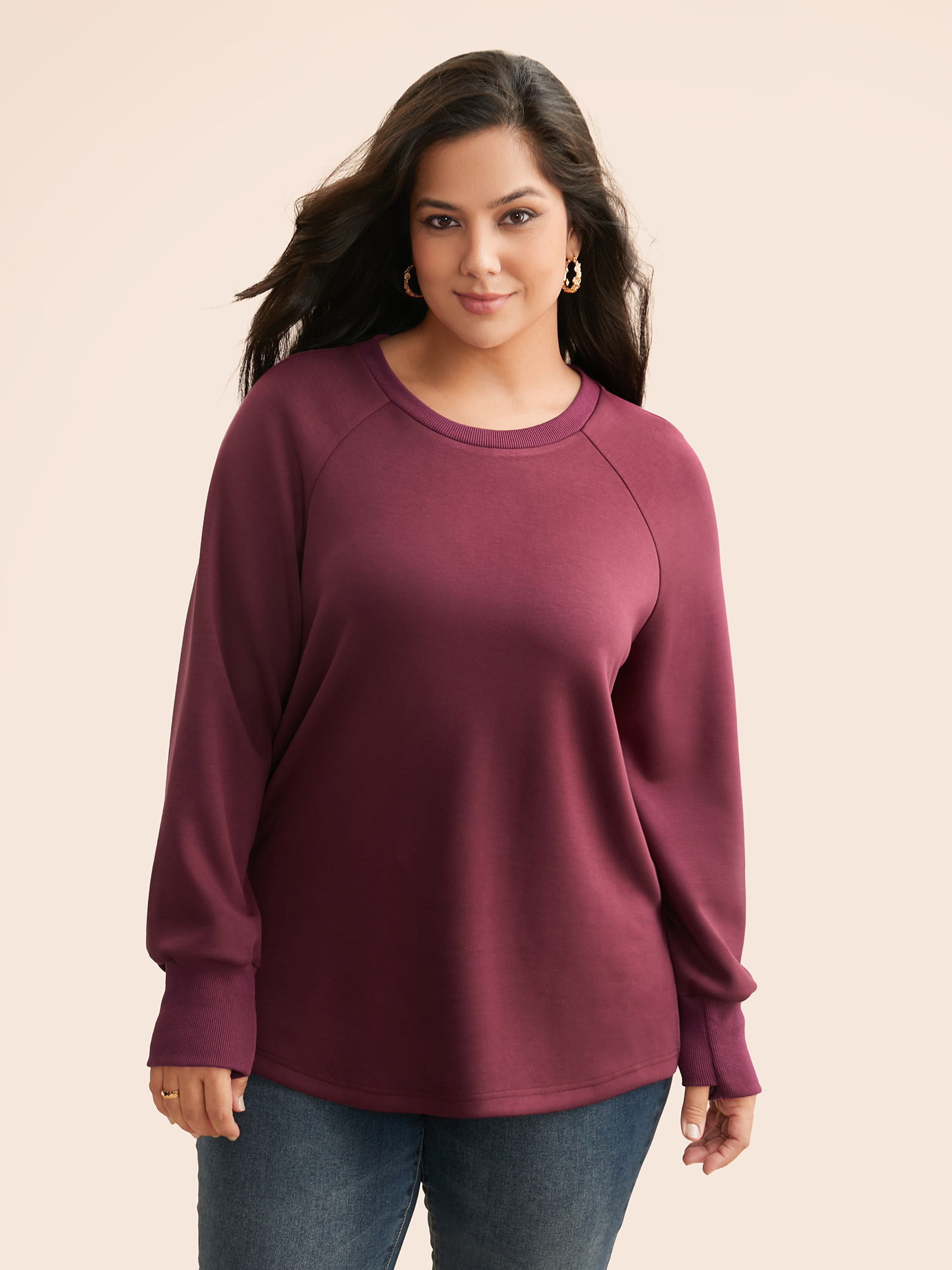 

Plus Size Solid Raglan Sleeve Slit Hem Sweatshirt Women Plum Casual Slit Loose Non Everyday Sweatshirts BloomChic