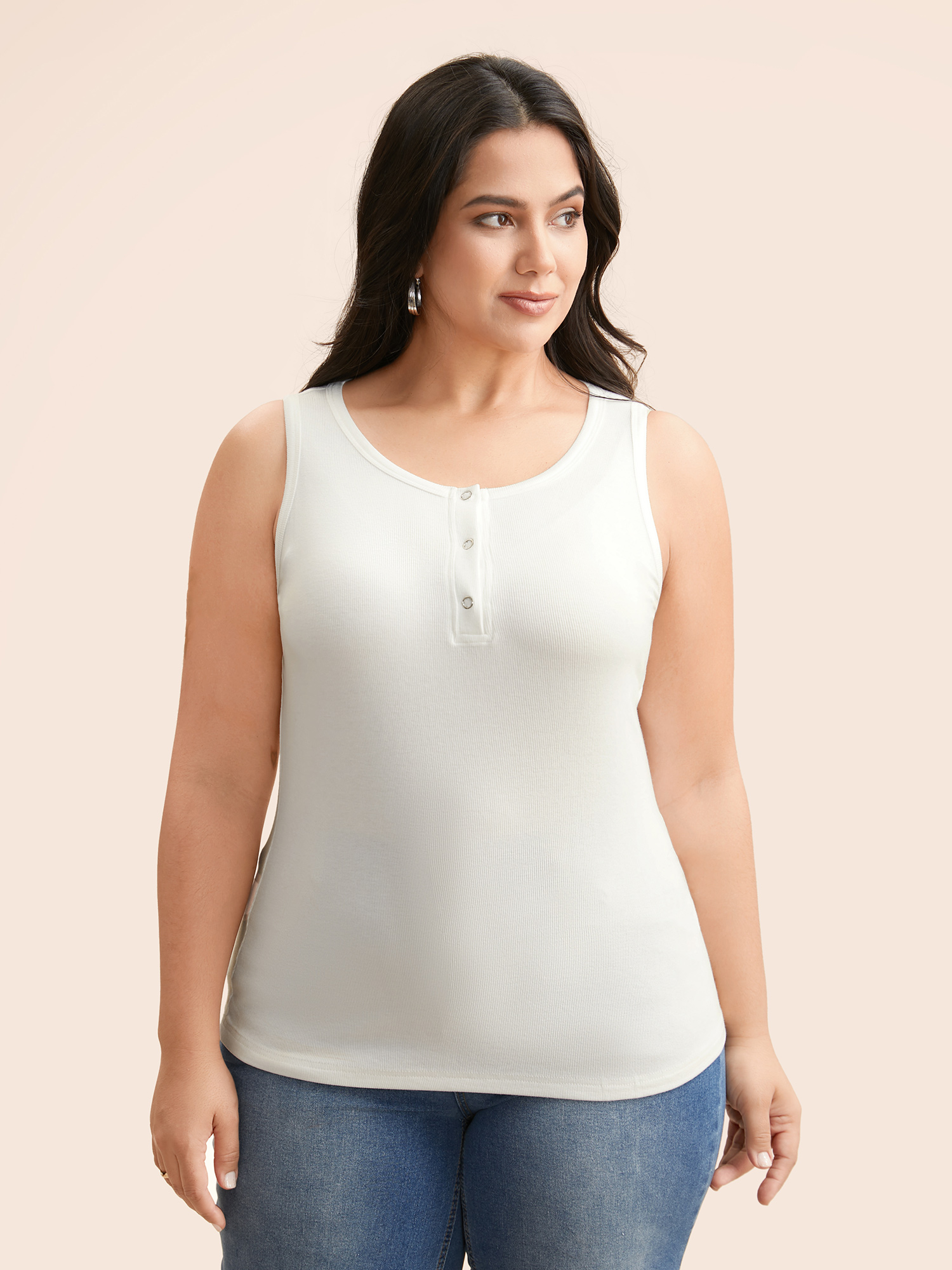 

Plus Size Supersoft Botton Front Placket Top Women Originalwhite Casual Texture Round Neck Everyday Tank Tops Camis BloomChic