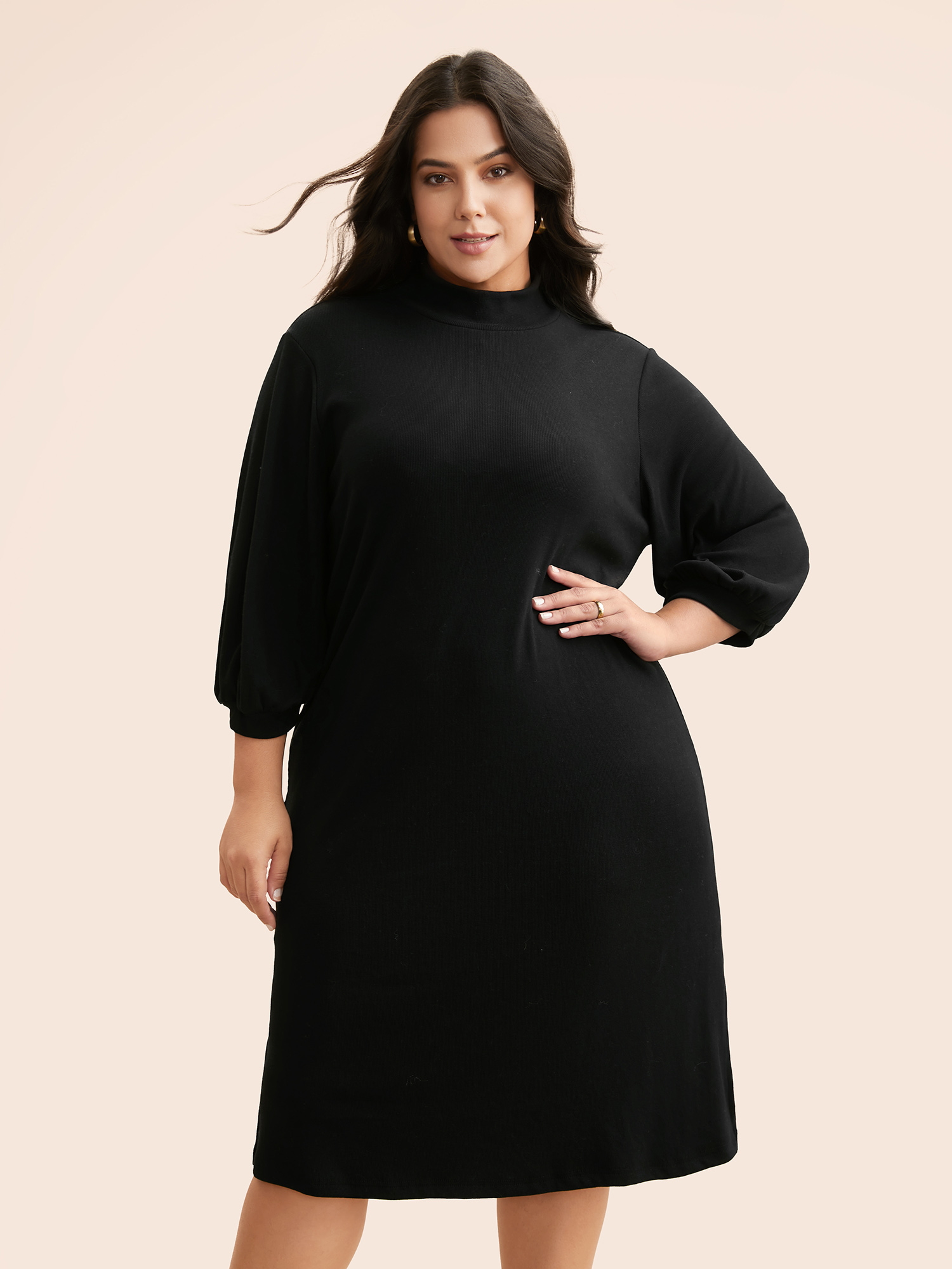 

Plus Size Supersoft Essentials Side Slits Midi Dress Pureblack Women Basics Slit Mock Neck Elbow-length sleeve Curvy BloomChic