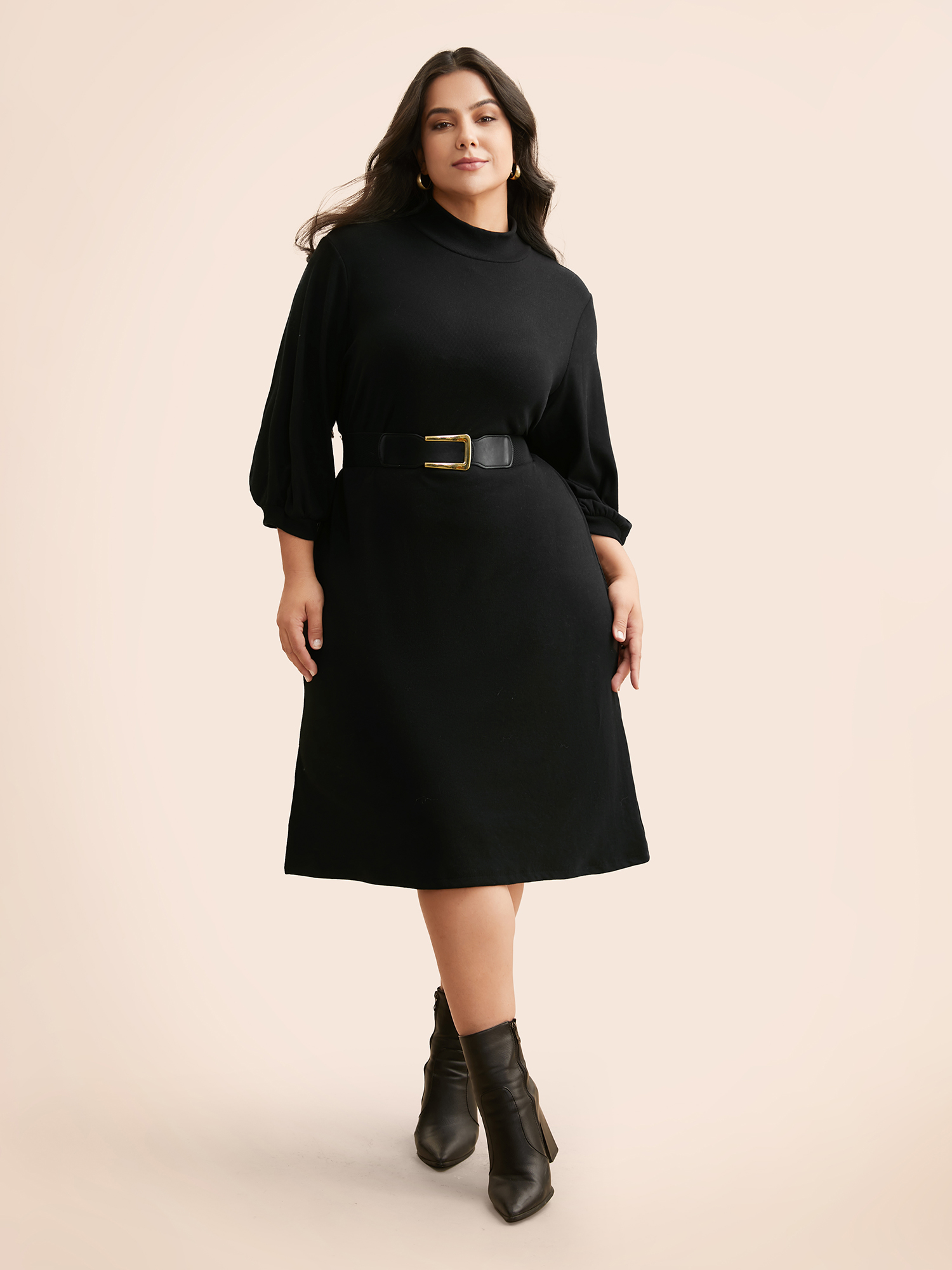 

Plus Size Supersoft Essentials Side Slits Midi Dress Pureblack Women Basics Slit Mock Neck Elbow-length sleeve Curvy BloomChic