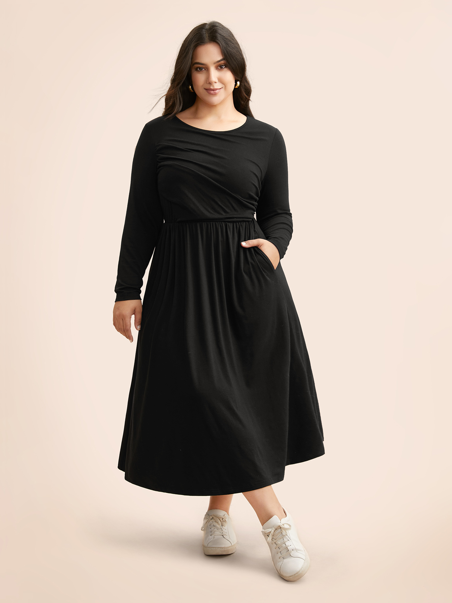 

Plus Size Supersoft Essentials Boat Neck Gathered Dress Pureblack Women Casual Gathered Boat Neck Long Sleeve Curvy BloomChic