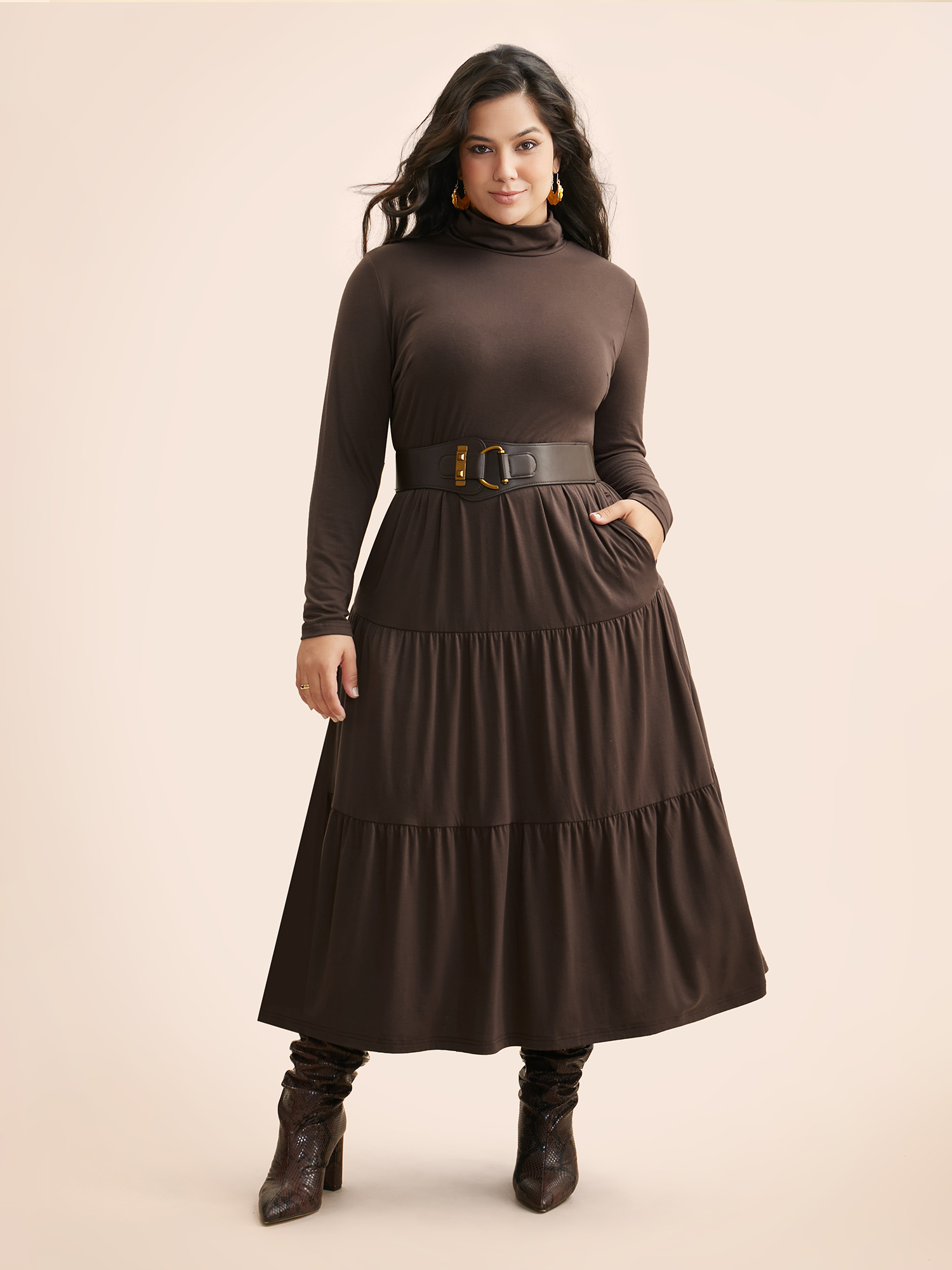 

Plus Size Supersoft Essentials Funnel Neck Tiered Midi Dress DarkBrown Women Casual Ruffles Mock Neck Long Sleeve Curvy BloomChic