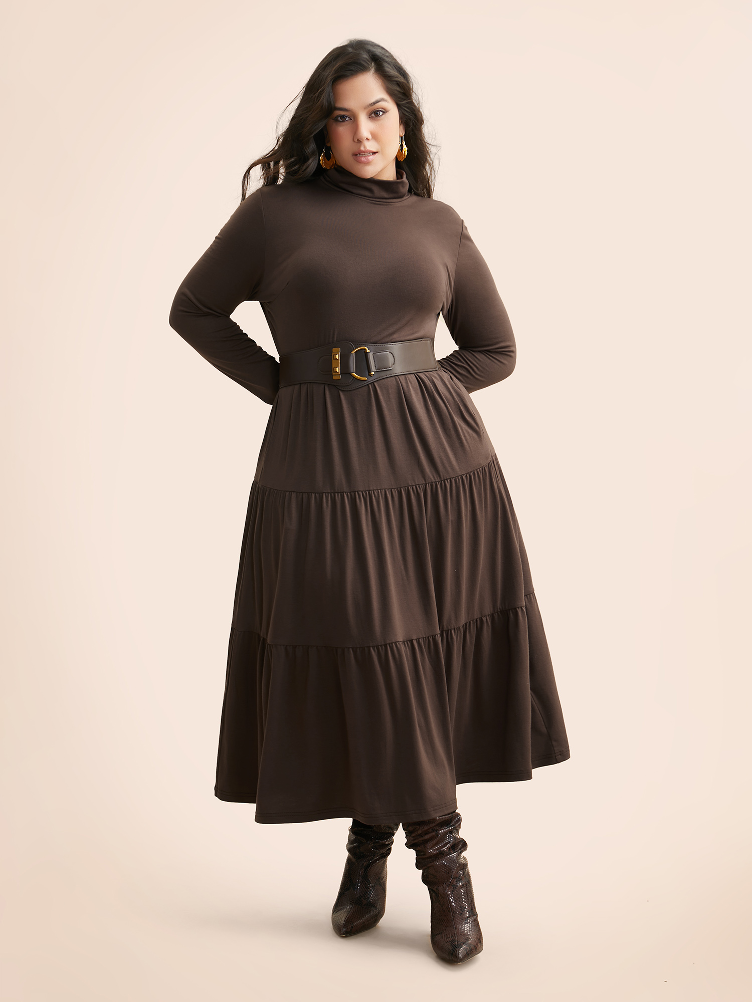 Plus Size Supersoft Essentials Funnel Neck Tiered Midi Dress DarkBrown Women Casual Ruffles Mock Neck Long Sleeve Curvy BloomChic 22-24/3X 