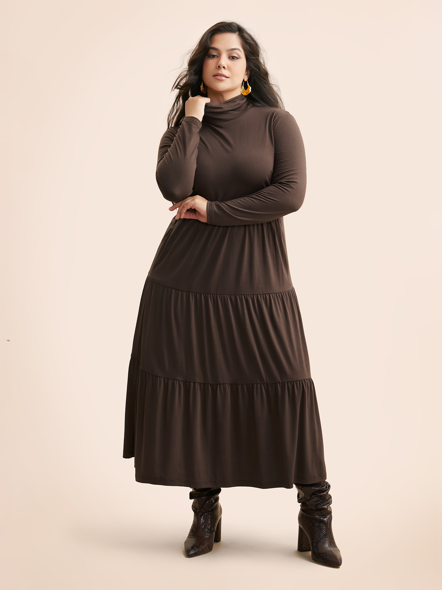 Plus Size Supersoft Essentials Funnel Neck Tiered Midi Dress DarkBrown Women Casual Ruffles Mock Neck Long Sleeve Curvy BloomChic 22-24/3X 
