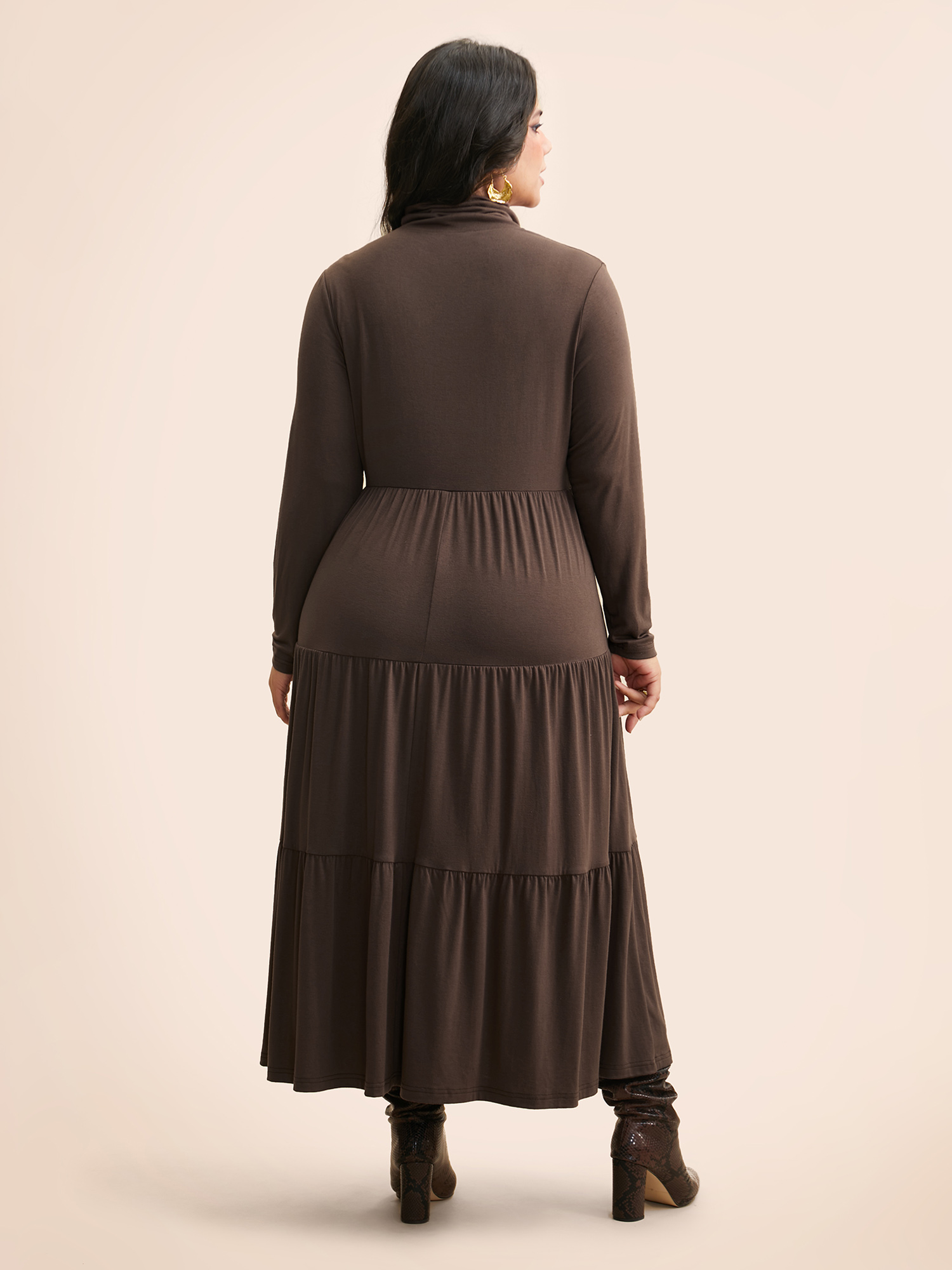 Plus Size Supersoft Essentials Funnel Neck Tiered Midi Dress DarkBrown Women Casual Ruffles Mock Neck Long Sleeve Curvy BloomChic 22-24/3X 