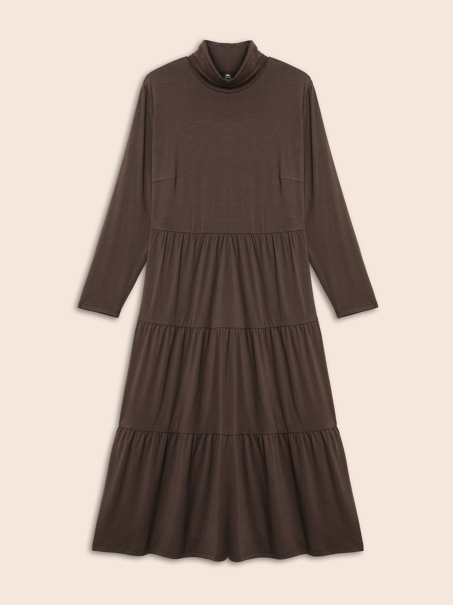 Plus Size Supersoft Essentials Funnel Neck Tiered Midi Dress DarkBrown Women Casual Ruffles Mock Neck Long Sleeve Curvy BloomChic 22-24/3X 