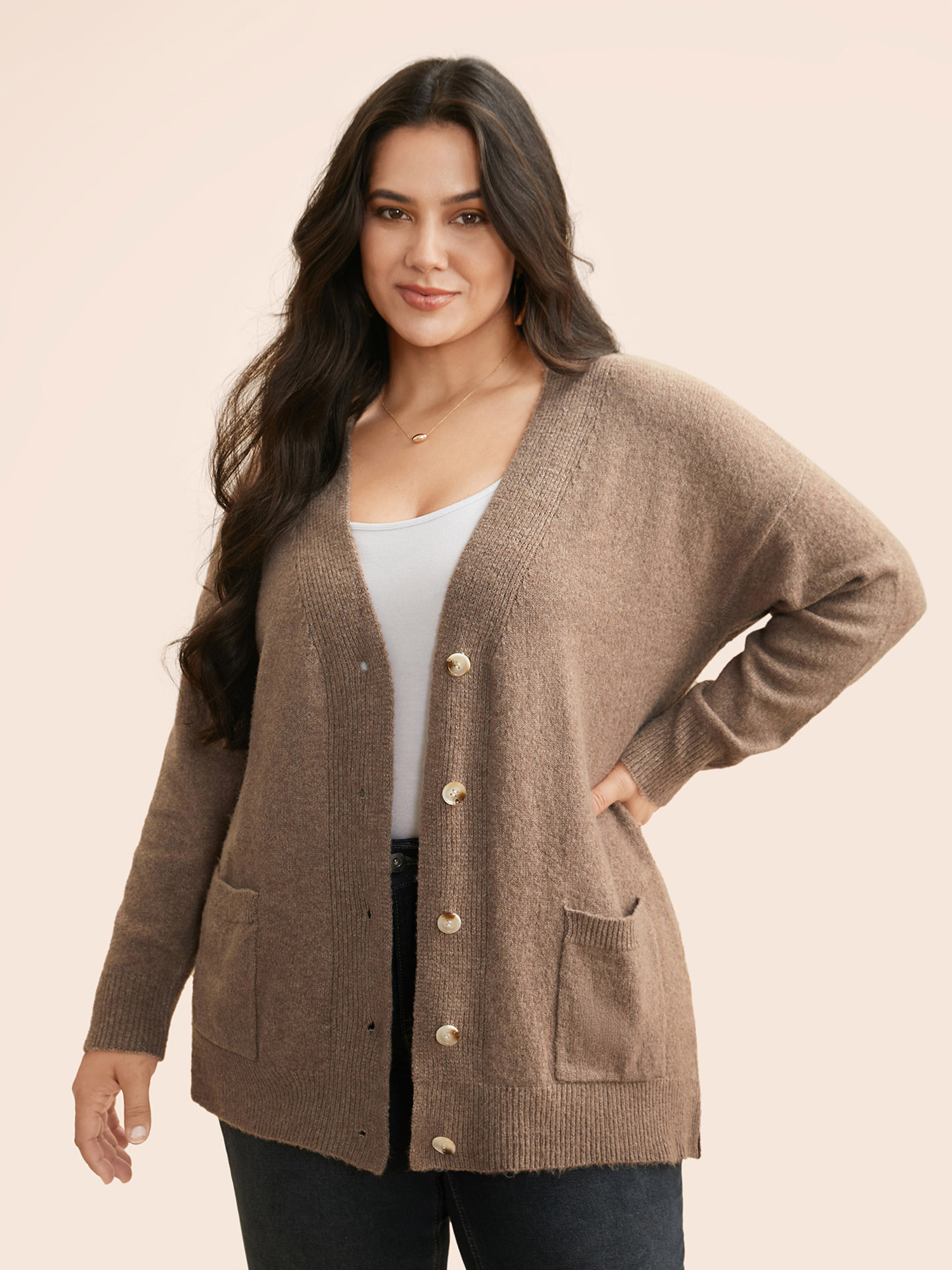 

Plus Size Airy Cozy V Neck Cardigan Tan Women Basics Loose Long Sleeve Everyday Cardigans BloomChic