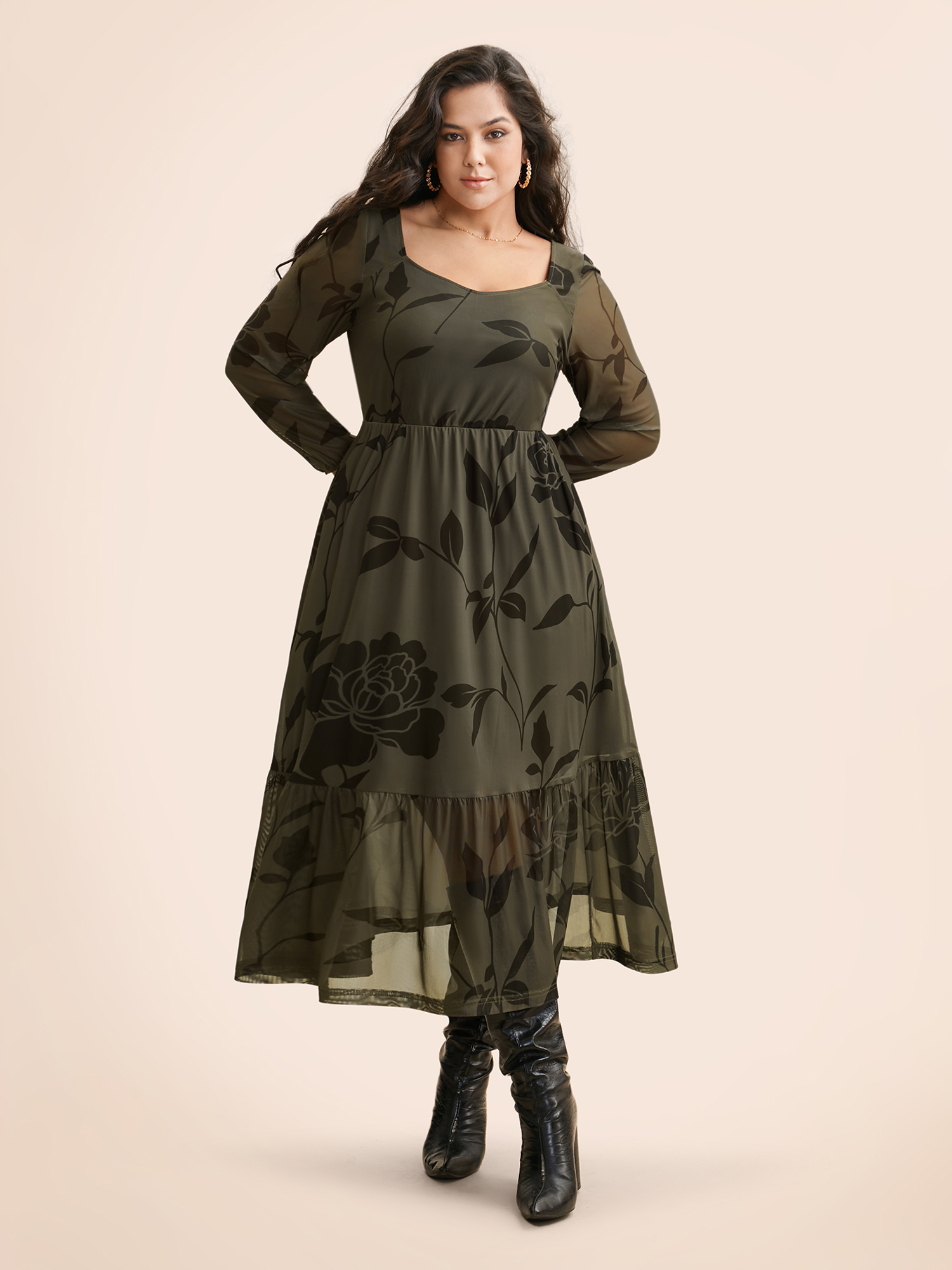 

Plus Size Silhouette Floral Print Heart Neckline Dress Sage Women Elegant Texture Heart neckline Long Sleeve Curvy BloomChic