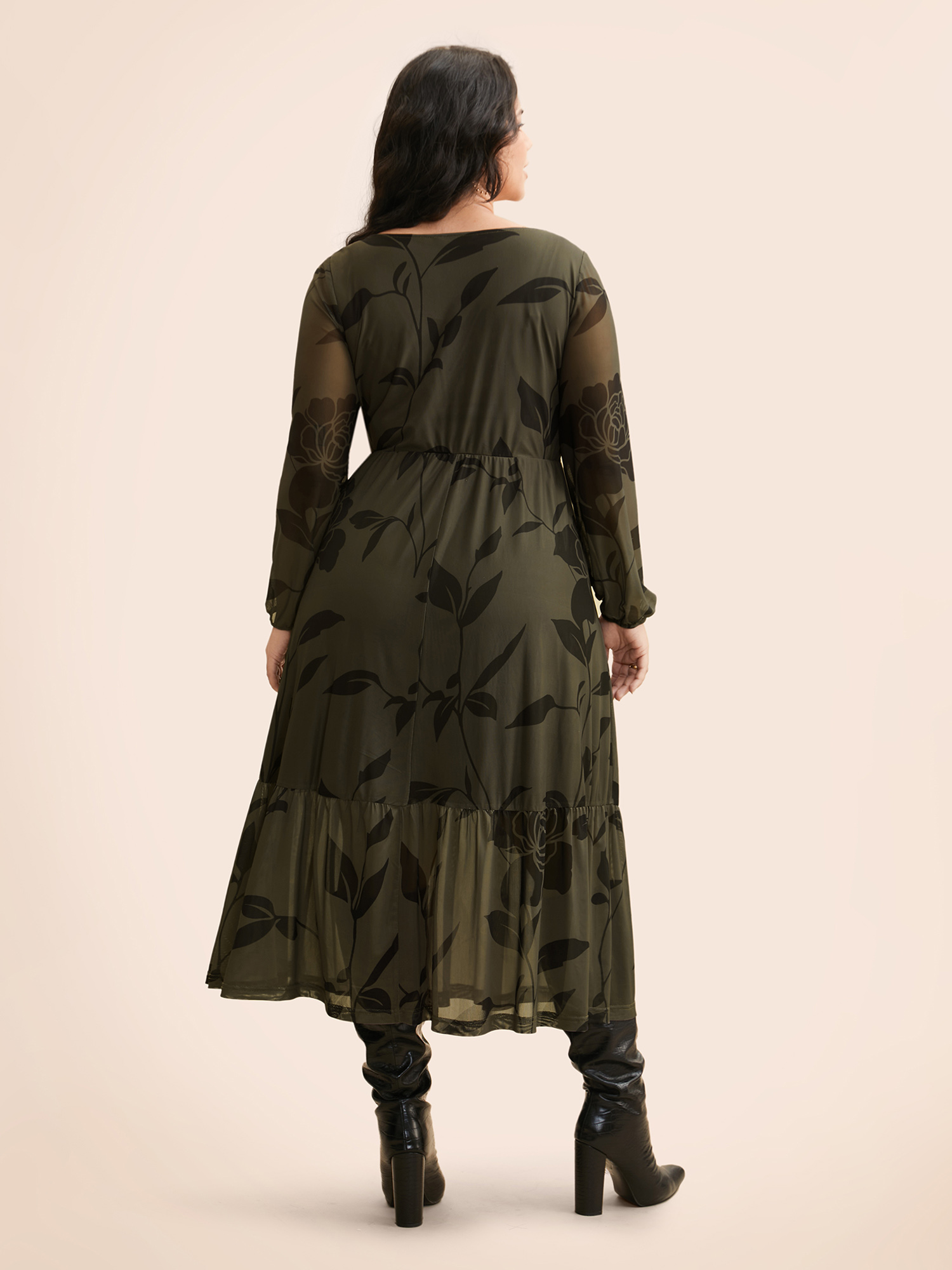 

Plus Size Silhouette Floral Print Heart Neckline Dress Sage Women Elegant Texture Heart neckline Long Sleeve Curvy BloomChic