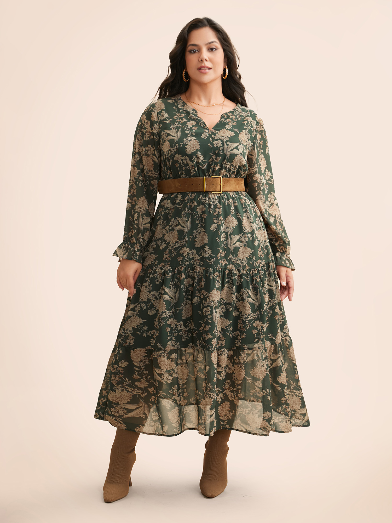 

Plus Size Floral Shirred Ruffles See Through Dress ArmyGreen Women Elegant See through Flat collar with V-notch Long Sleeve Curvy BloomChic