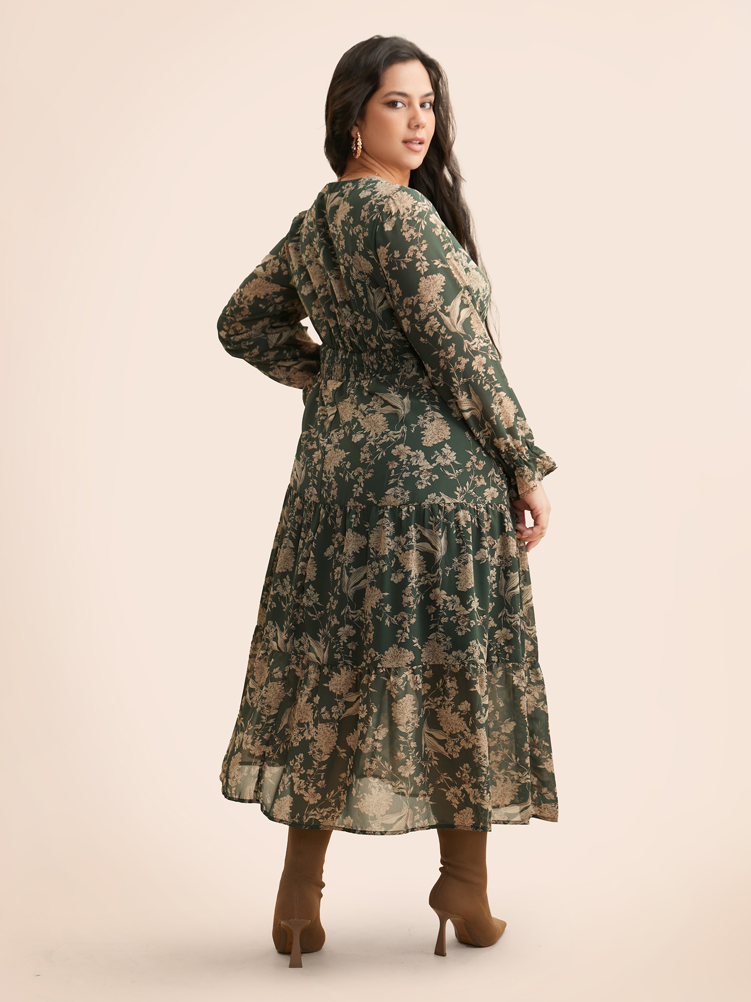 

Plus Size Floral Shirred Ruffles See Through Dress ArmyGreen Women Elegant See through Flat collar with V-notch Long Sleeve Curvy BloomChic