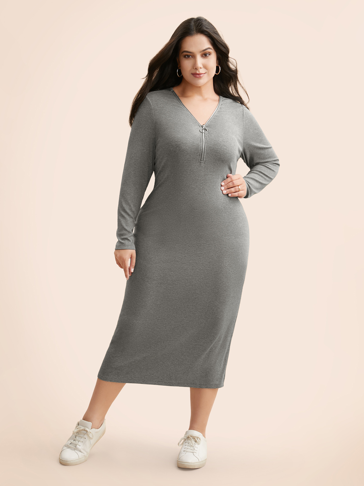 

Plus Size Solid Knit Zipper Midi Dress DarkGray Women Casual Texture Knit Dresses Bloomchic