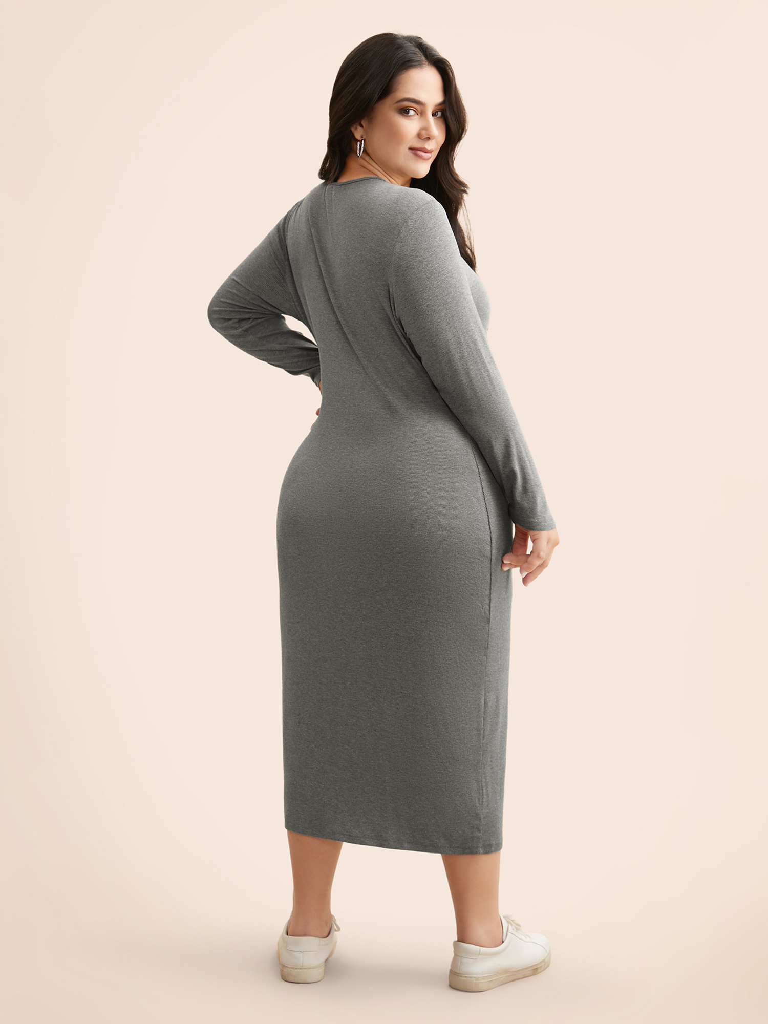 

Plus Size Solid Knit Zipper Midi Dress DarkGray Women Casual Texture Knit Dresses Bloomchic