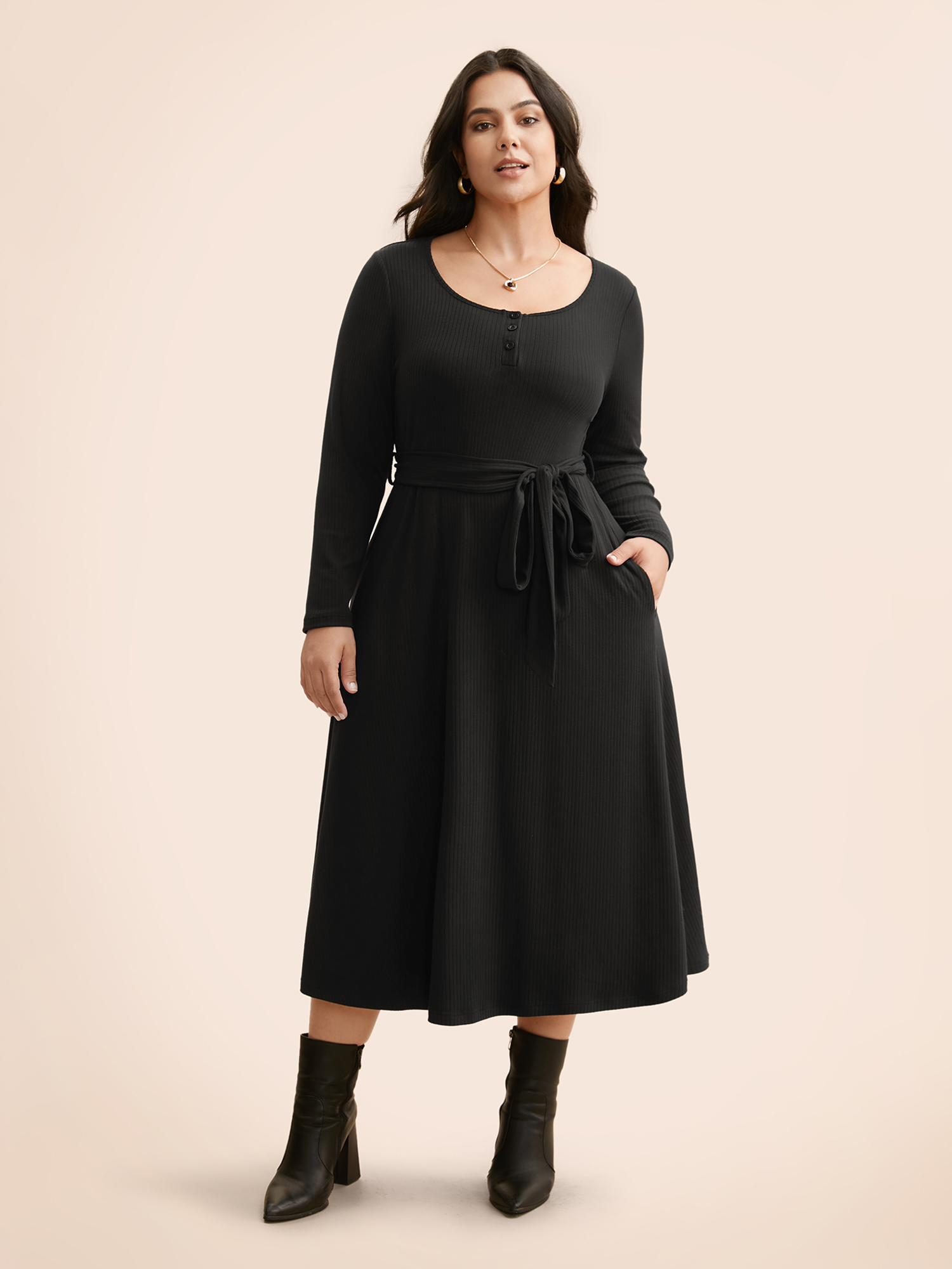 

Plus Size Solid Waist Tie Midi Dress Black Women Casual Texture Knit Dresses Bloomchic