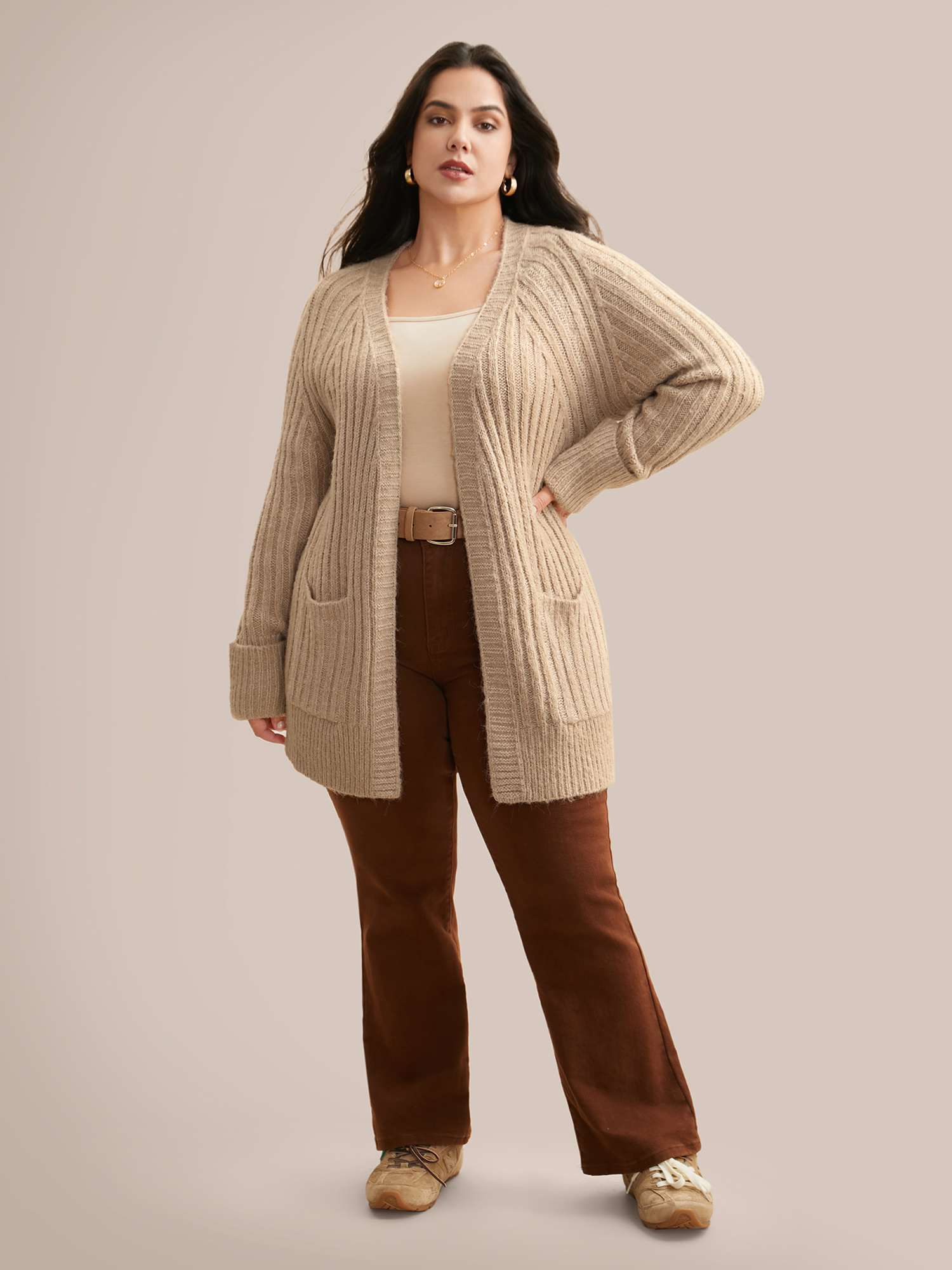 Plus Size Airy Cozy Solid Raglan Sleeve Wool Cardigan LightBrown Women Casual Loose Long Sleeve Everyday Cardigans BloomChic 22-24/3X 