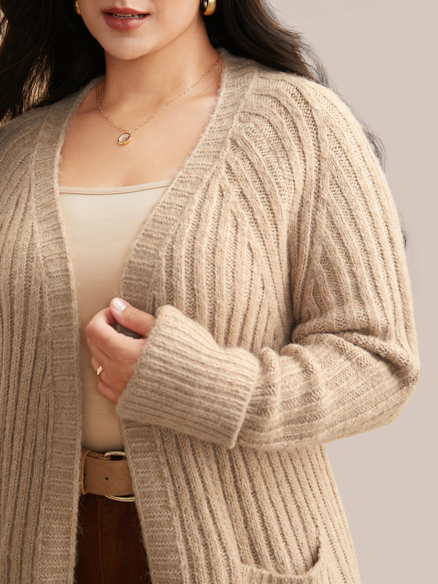 Plus Size Airy Cozy Solid Raglan Sleeve Wool Cardigan LightBrown Women Casual Loose Long Sleeve Everyday Cardigans BloomChic 22-24/3X 
