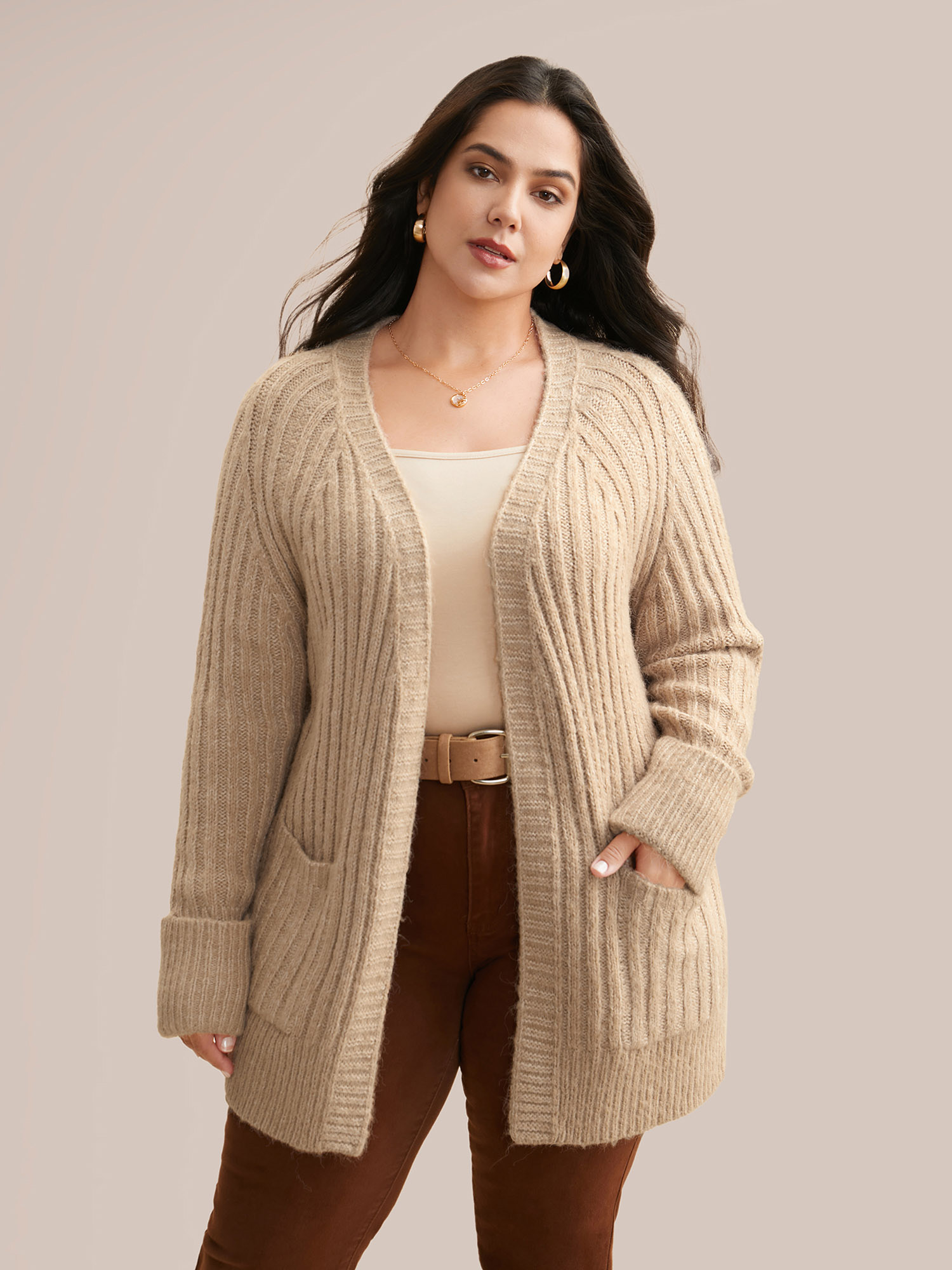 Plus Size Airy Cozy Solid Raglan Sleeve Wool Cardigan LightBrown Women Casual Loose Long Sleeve Everyday Cardigans BloomChic 22-24/3X 