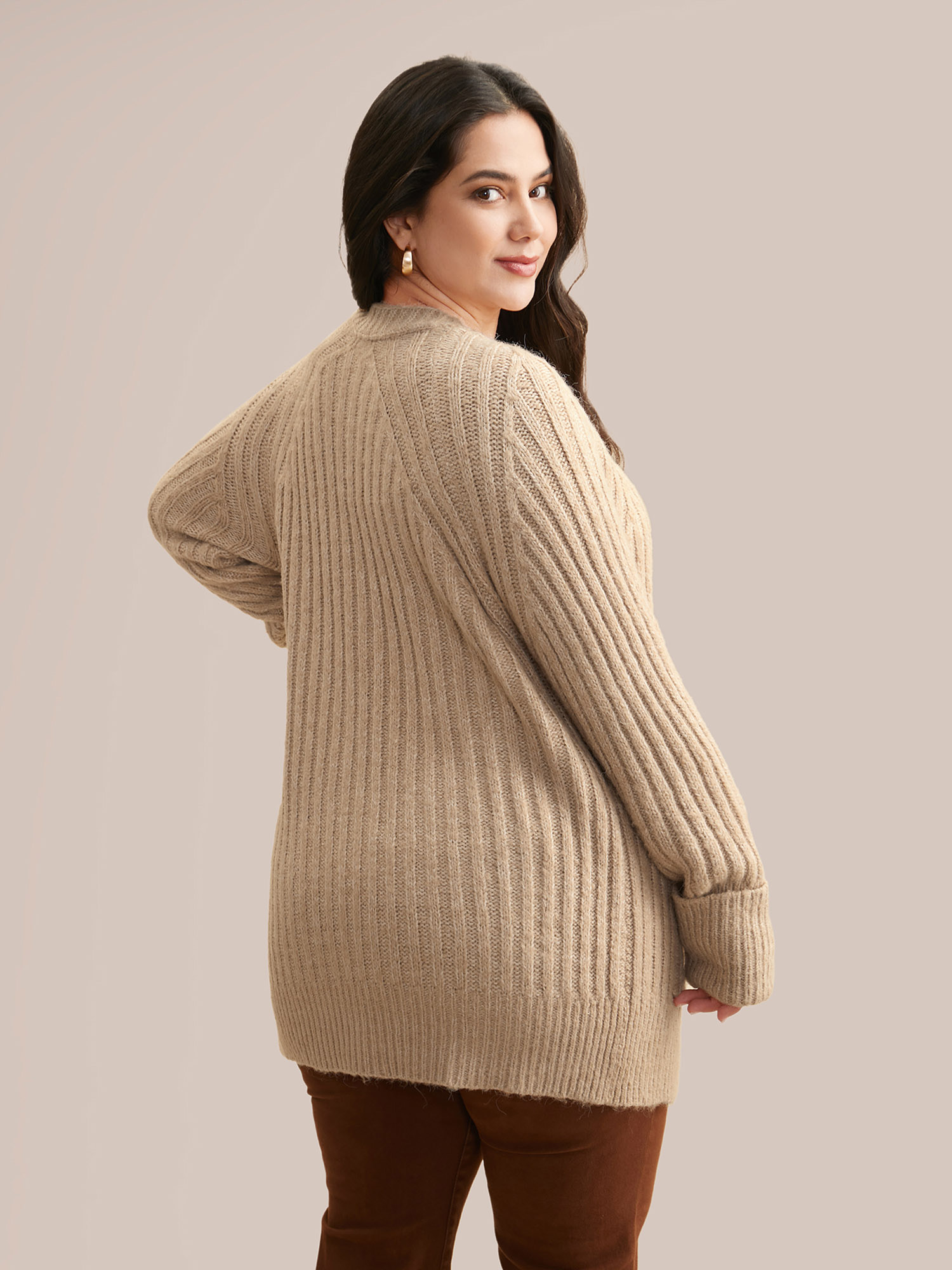 Plus Size Airy Cozy Solid Raglan Sleeve Wool Cardigan LightBrown Women Casual Loose Long Sleeve Everyday Cardigans BloomChic 22-24/3X 