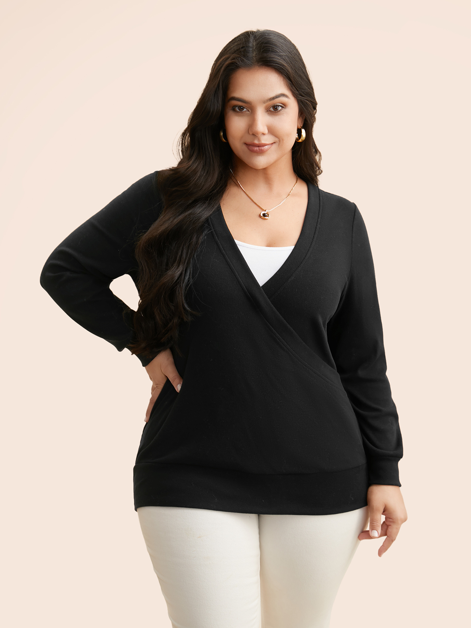 

Plus Size Airy Cozy Wrap Style Sweatshirt Women Black Casual Overlapping Bodycon Overlap Collar Everyday Sweatshirts BloomChic