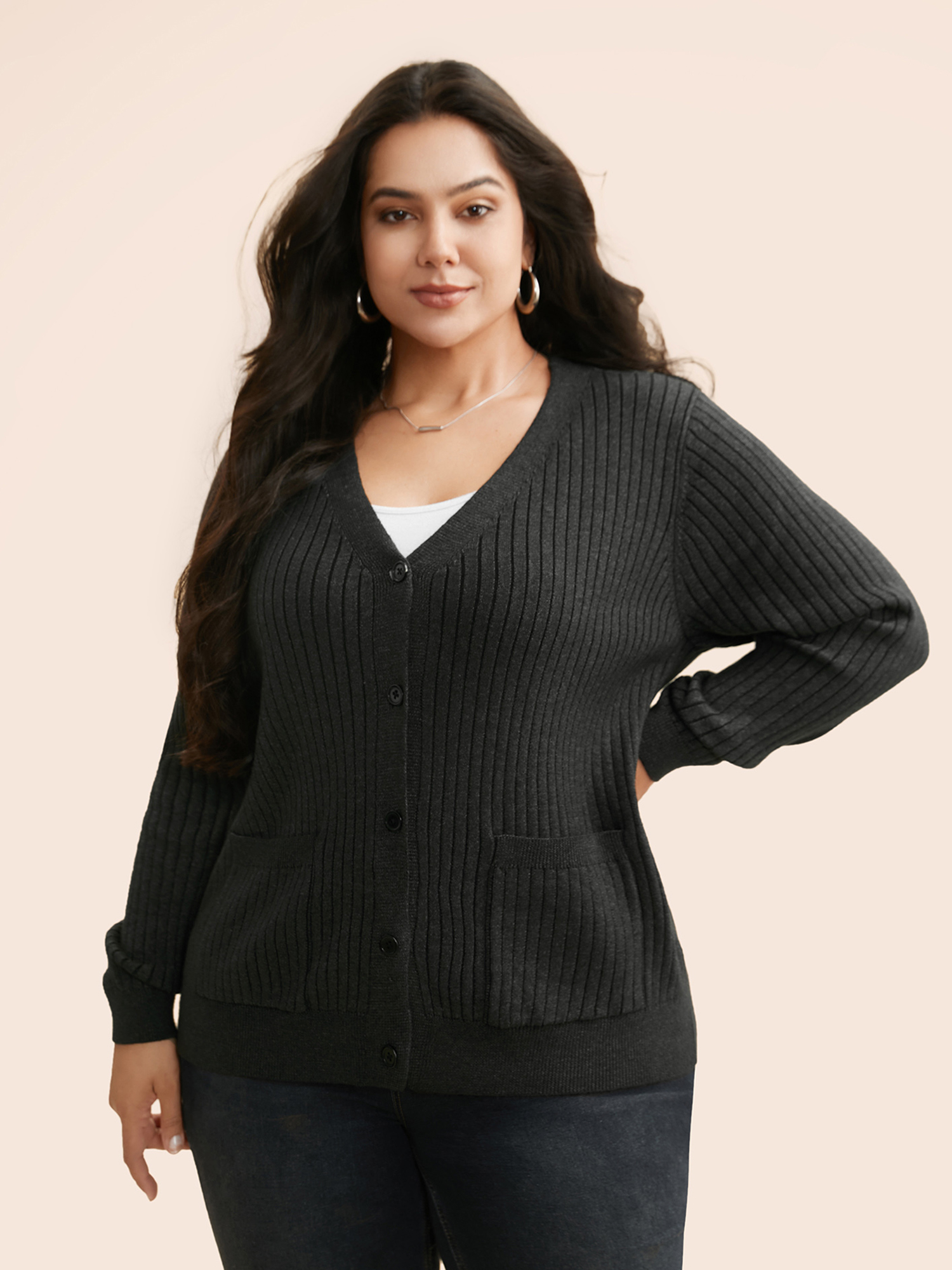 

Plus Size Supersoft V-neck Cardigan DimGray Women Basics Bodycon Long Sleeve Everyday Cardigans BloomChic